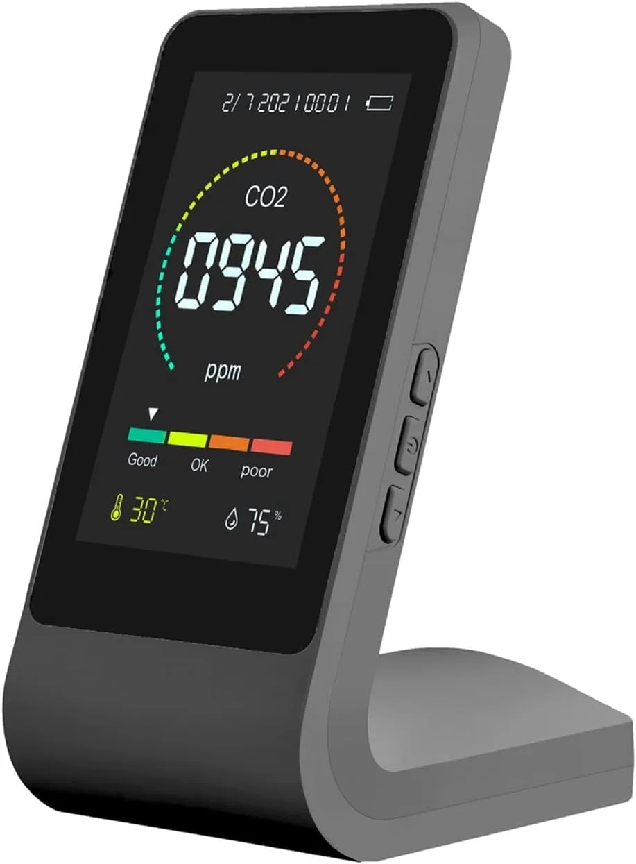 دستگاه تشخیص گاز، ردیاب دی اکسید کربن، کیفیت هوا، دما و رطوبت، مادون قرمز سه در CO2. نیمه هادی قابل حمل (سفید)