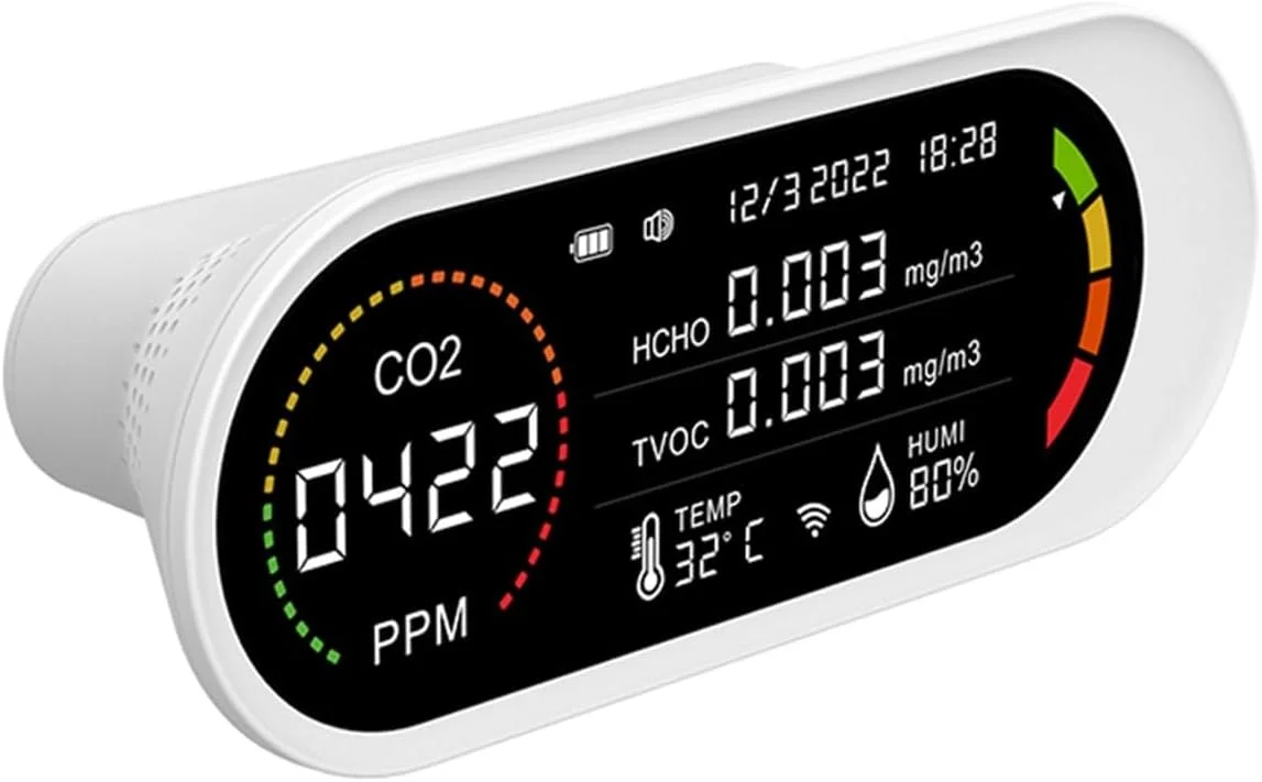 دستگاه تشخیص گاز 5 در 1، آشکارساز کیفیت هوا TVOC HCHO، سنجش دی اکسید کربن CO2، تست دما و رطوبت، کالیبراسیون خودکار، نظارت بر کیفیت هوا
