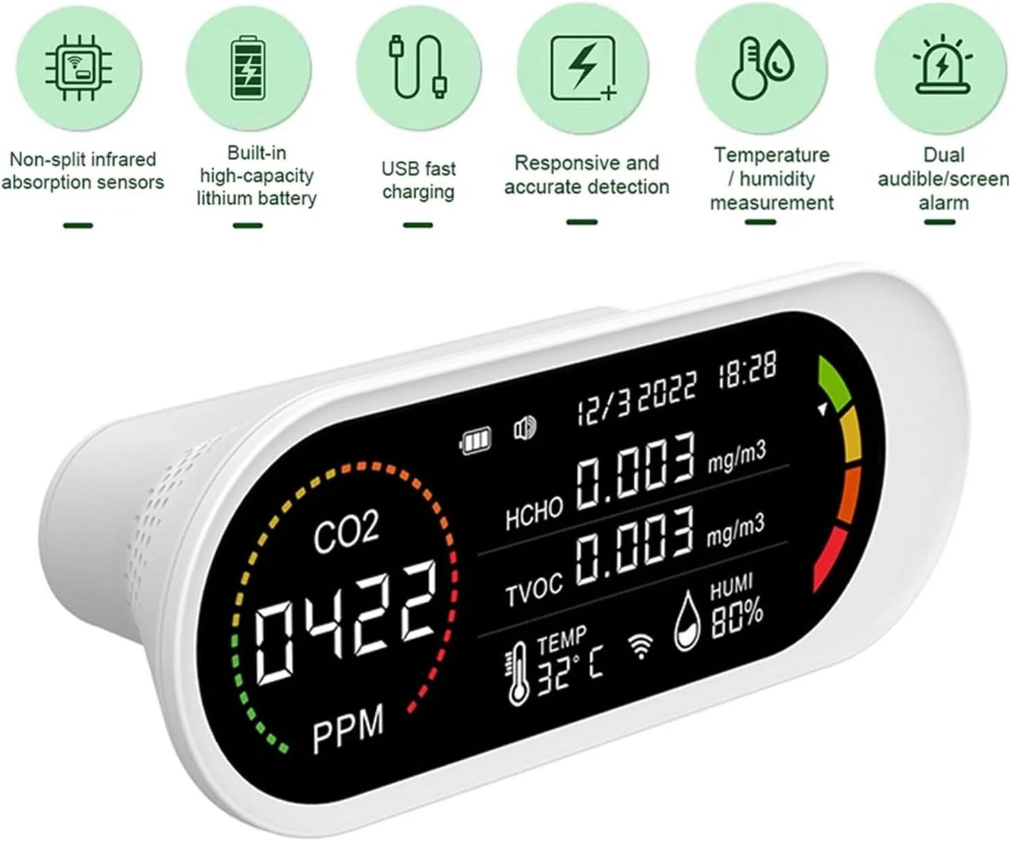 دستگاه تشخیص گاز 5 در 1، آشکارساز کیفیت هوا TVOC HCHO، سنجش دی اکسید کربن CO2، تست دما و رطوبت، کالیبراسیون خودکار، نظارت بر کیفیت هوا