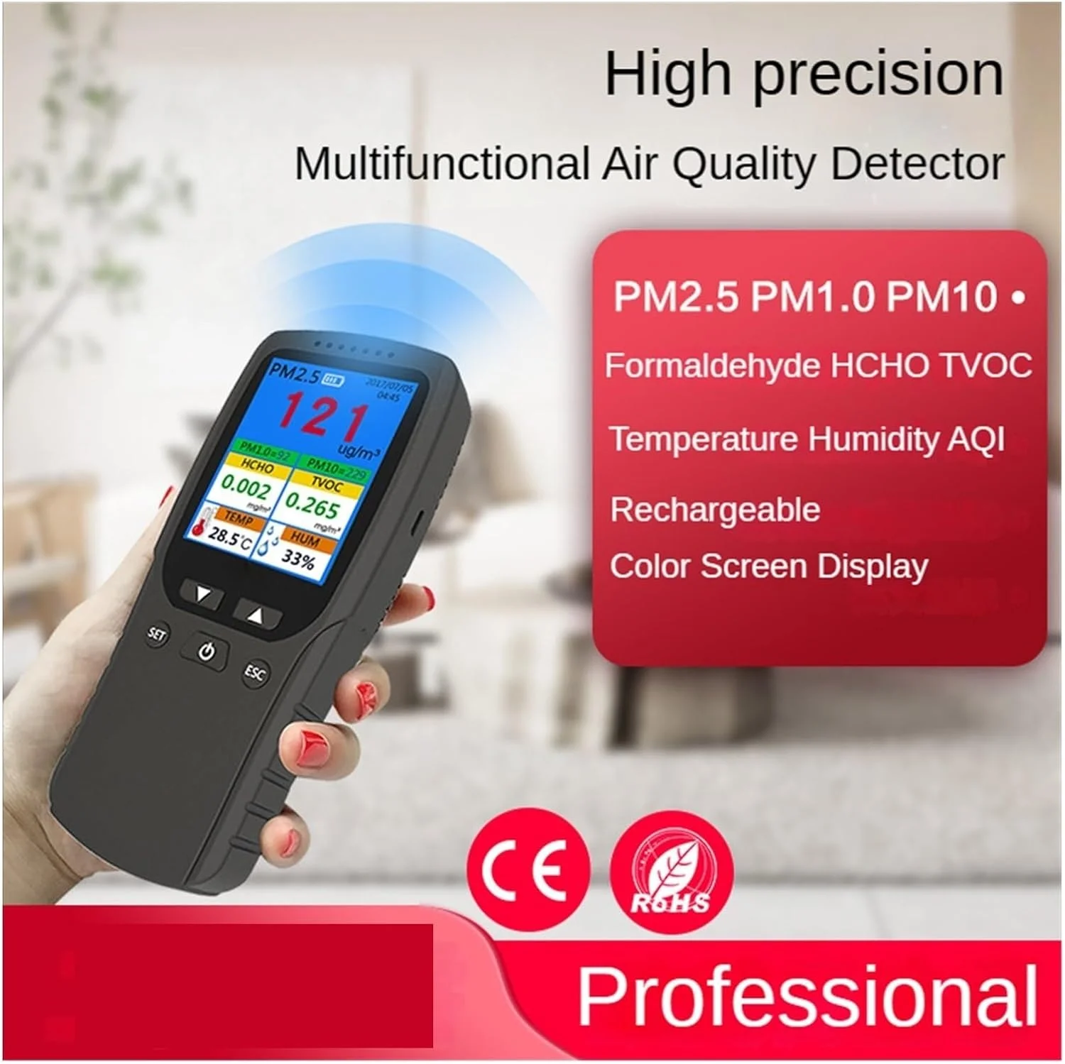 دستگاه تشخیص گاز، دستگاه مانیتورینگ کیفیت هوا 8 در 1، آشکارساز فرمالدئید، اندازه گیری حرفه ای فرمالدئید PM2.5 / TVOC/HCHO دما و رطوبت