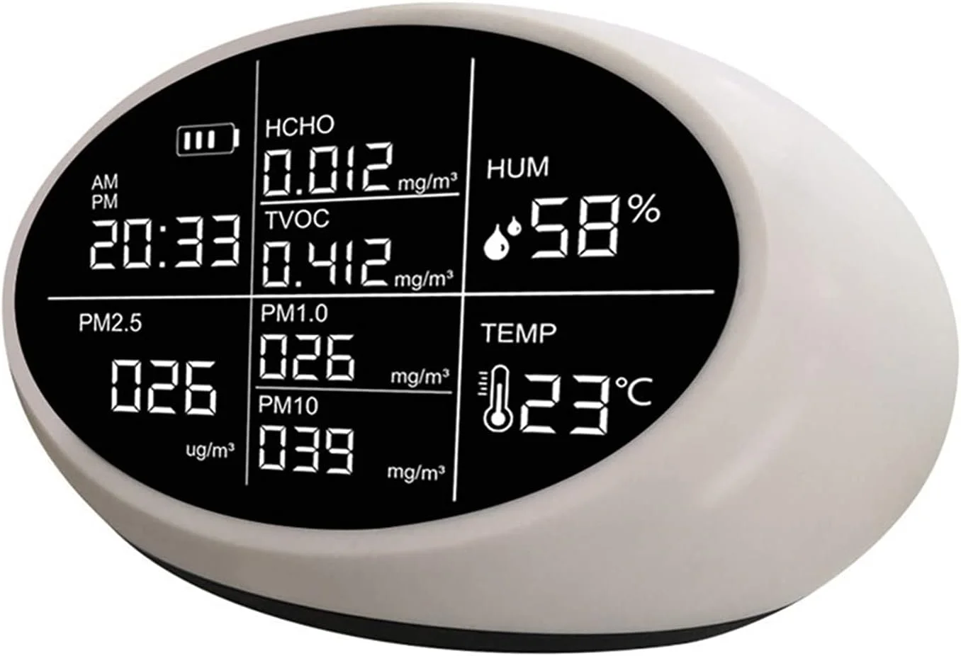 دستگاه تشخیص گاز، آشکارساز فرمالدئید گرد و غبار نسخه انگلیسی با دفترچه راهنمای انگلیسی PM2.5 HCHO TVOC TEMP HUM