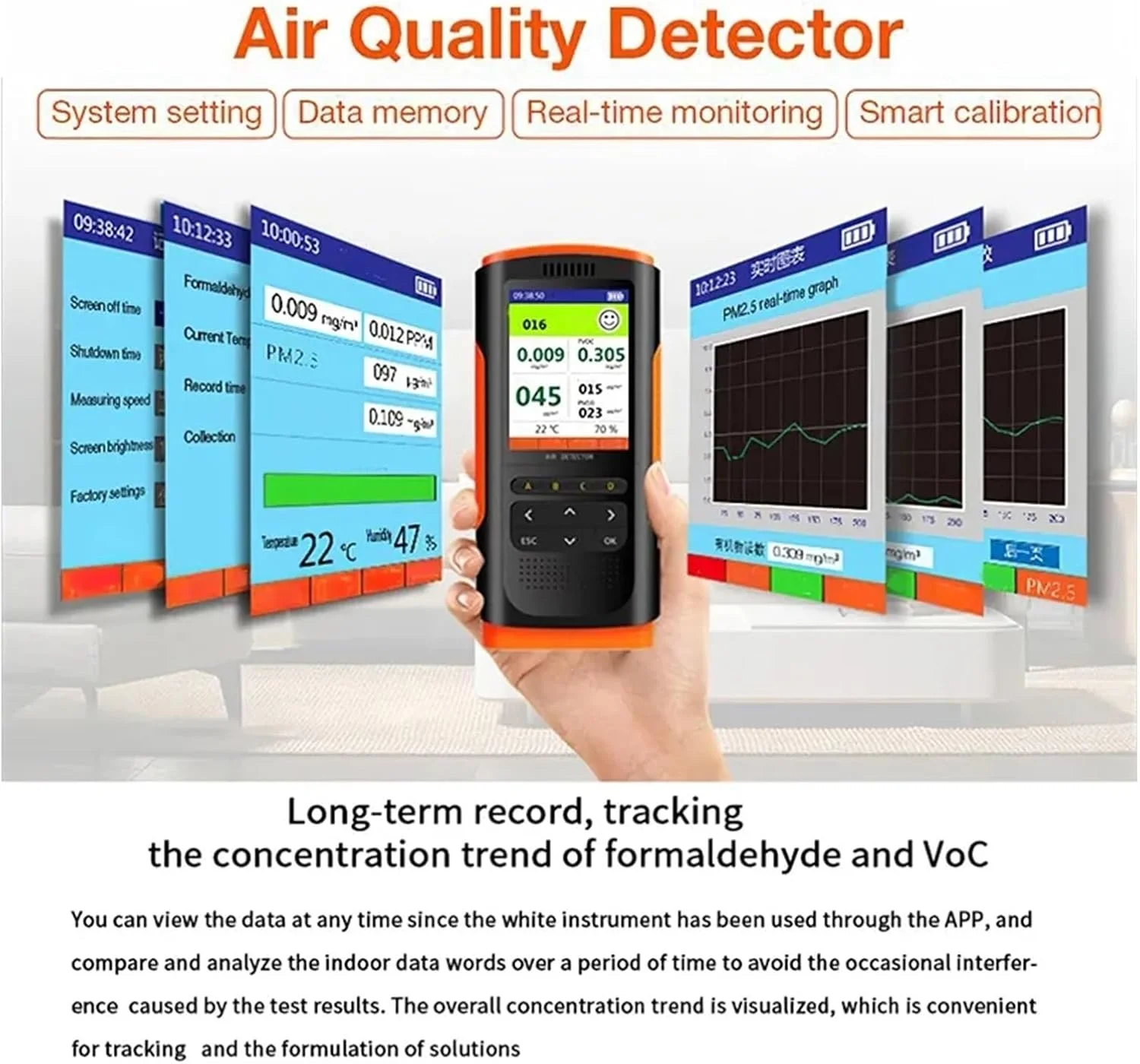دستگاه تشخیص گاز، آشکارساز دیجیتال فرمالدئید، تستر کیفیت هوای قابل حمل، سنسور تست هوای خانگی PM2.5/Pm10/PM1/TVOC برای تلفن های هوشمند