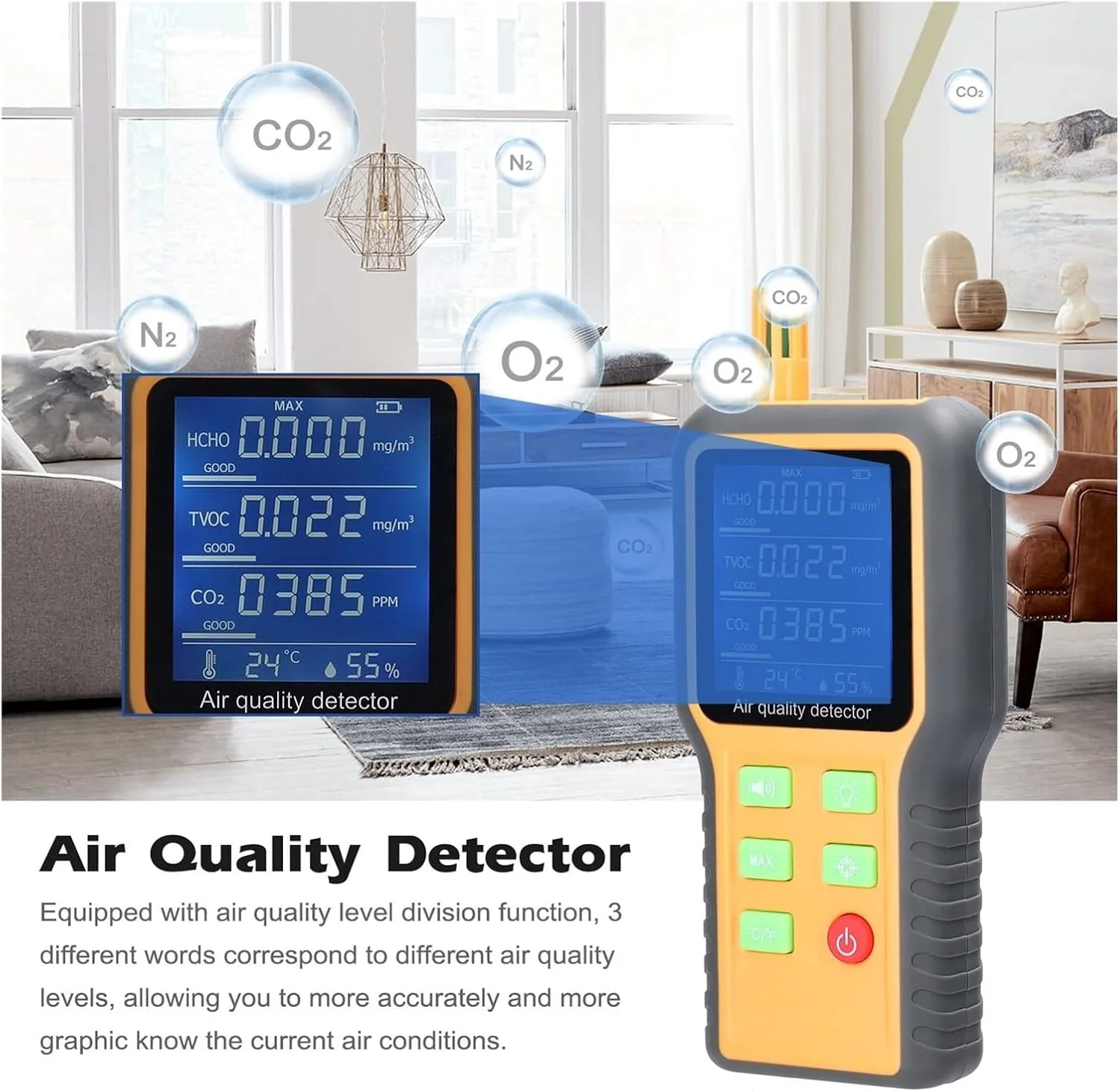 دتکتور گاز، مانیتور کیفیت هوا CO2، آشکارساز صفحه نمایش LCD با نور پس زمینه، دی اکسید کربن TVOC HCHO، حسگر دما و رطوبت دتکتور گاز، مانیتور کیفیت هوا CO2، آشکارساز صفحه نمایش LCD با نور پس زمینه، دی اکسید کربن TVOC HCHO، حسگر دما و رطوبت