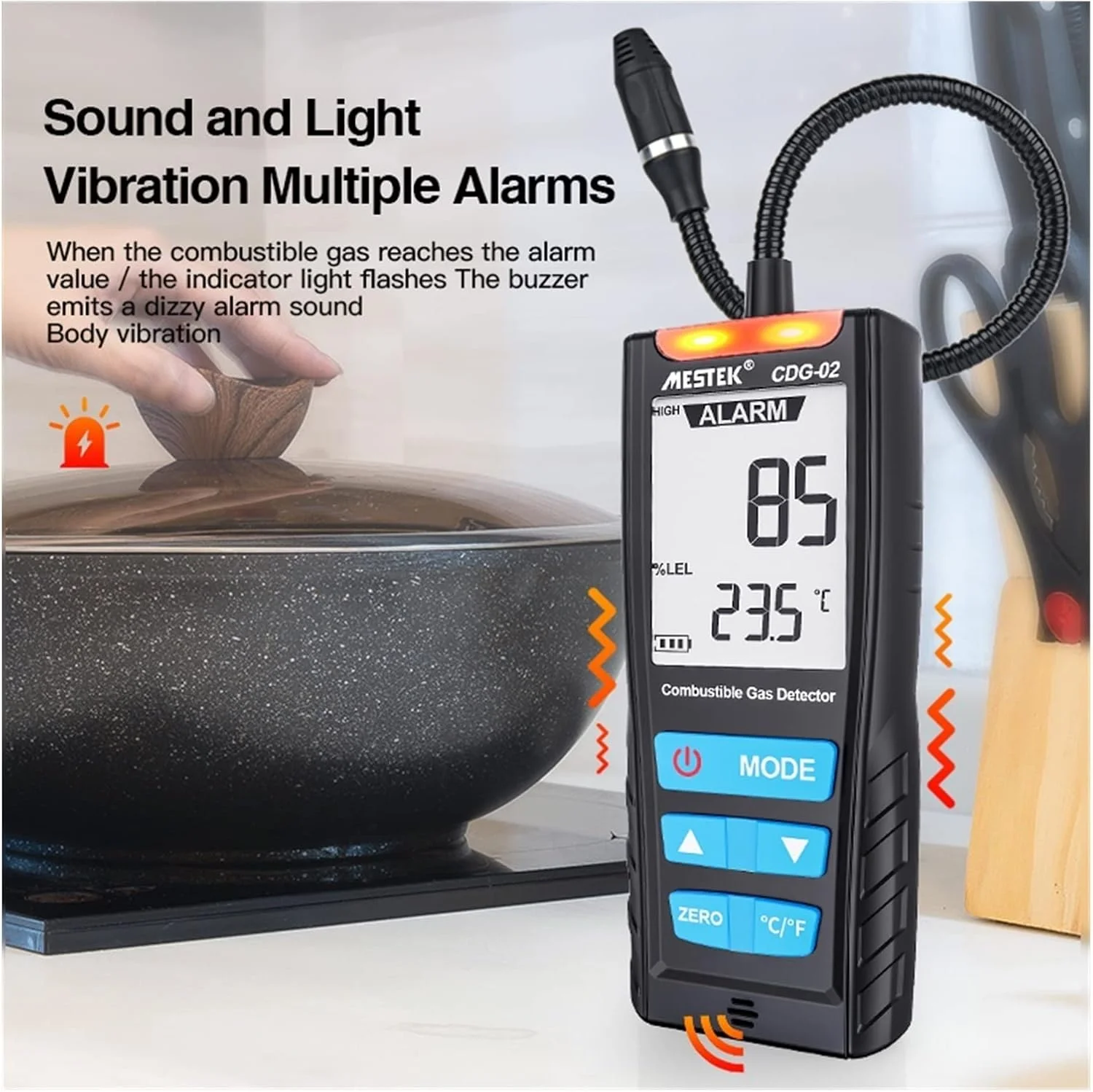 دستگاه تشخیص گاز، LCD متر محلل گاز خودرو، حسگر احتراق، آشکارساز کیفیت هوا، مانیتور آشکارساز نشت گاز با صدای شوک صوتی (CGD01)