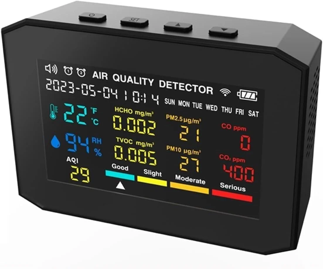 دستگاه تشخیص گاز، سنجش کیفیت هوا 9 در 1 PM2.5 PM10 CO2 CO TVOC HCHO، دستگاه اندازه گیری دما و رطوبت، ردیاب دی اکسید کربن، نمایش زمان، تاریخ و روز هفته (سفید)