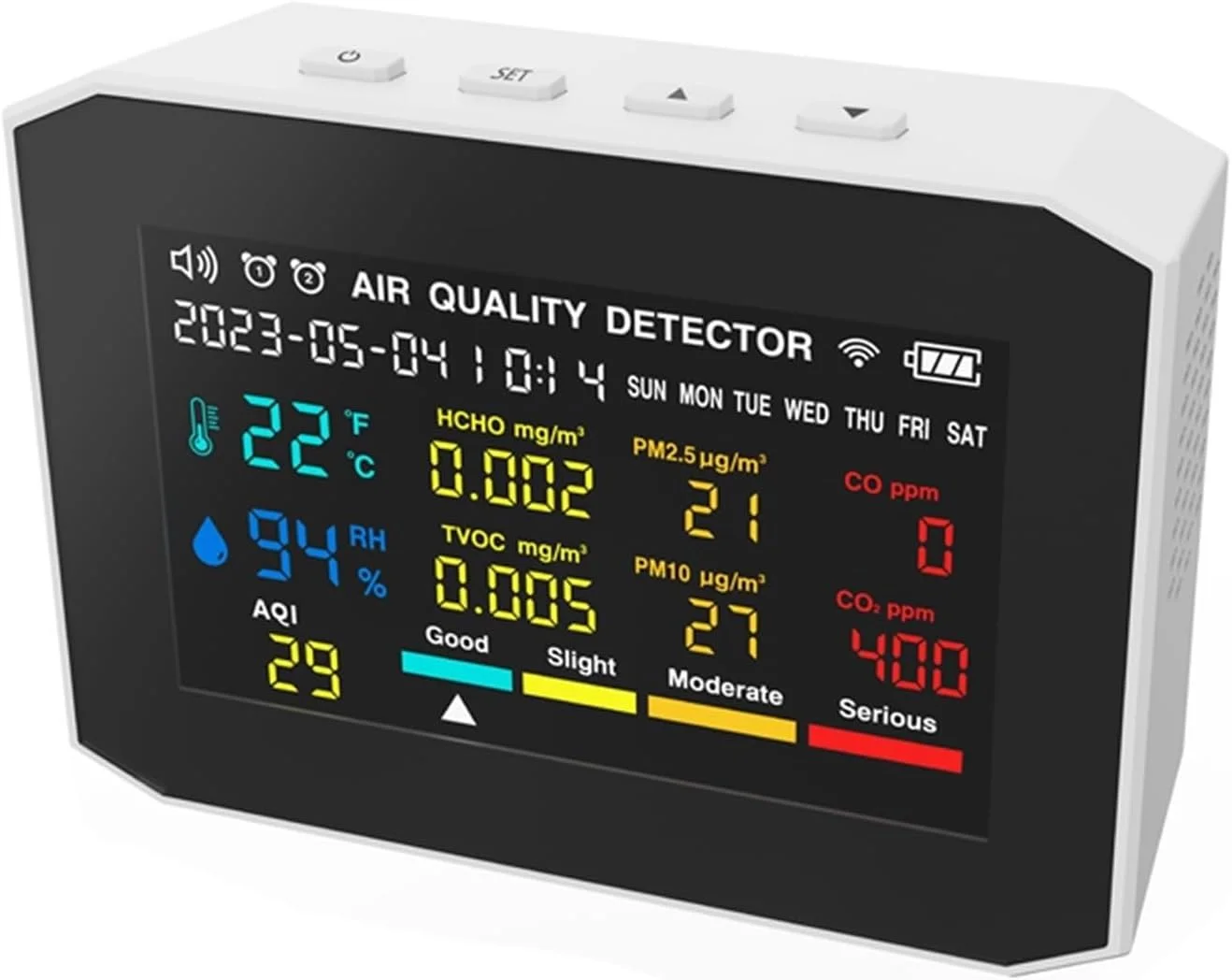دستگاه تشخیص گاز، سنجش کیفیت هوا 9 در 1 PM2.5 PM10 CO2 CO TVOC HCHO، دستگاه اندازه گیری دما و رطوبت، ردیاب دی اکسید کربن، نمایش زمان، تاریخ و روز هفته (سفید)