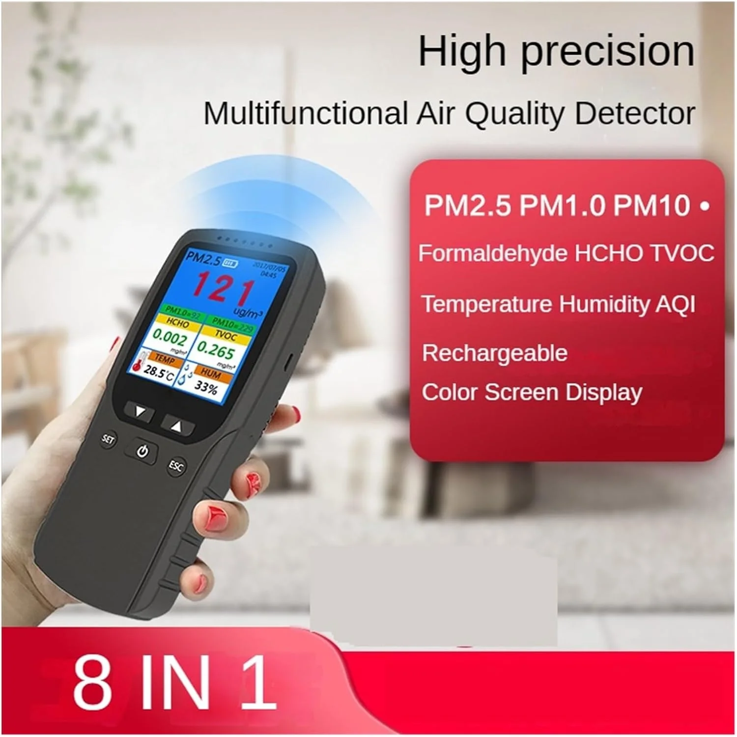 دستگاه تشخیص گاز، دستگاه مانیتورینگ کیفیت هوا 8 در 1، ردیاب فرمالدئید، اندازه گیری حرفه ای فرمالدئید PM2.5 / TVOC/HCHO دما و رطوبت