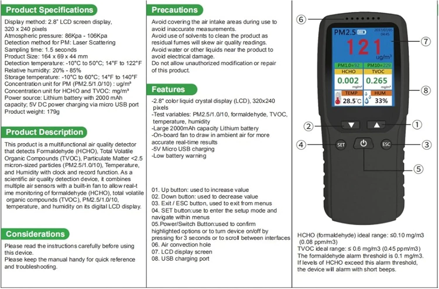 دستگاه تشخیص گاز، آشکارساز دود برای تشخیص فرمالدئید PM2.5 HCHO TVOC.