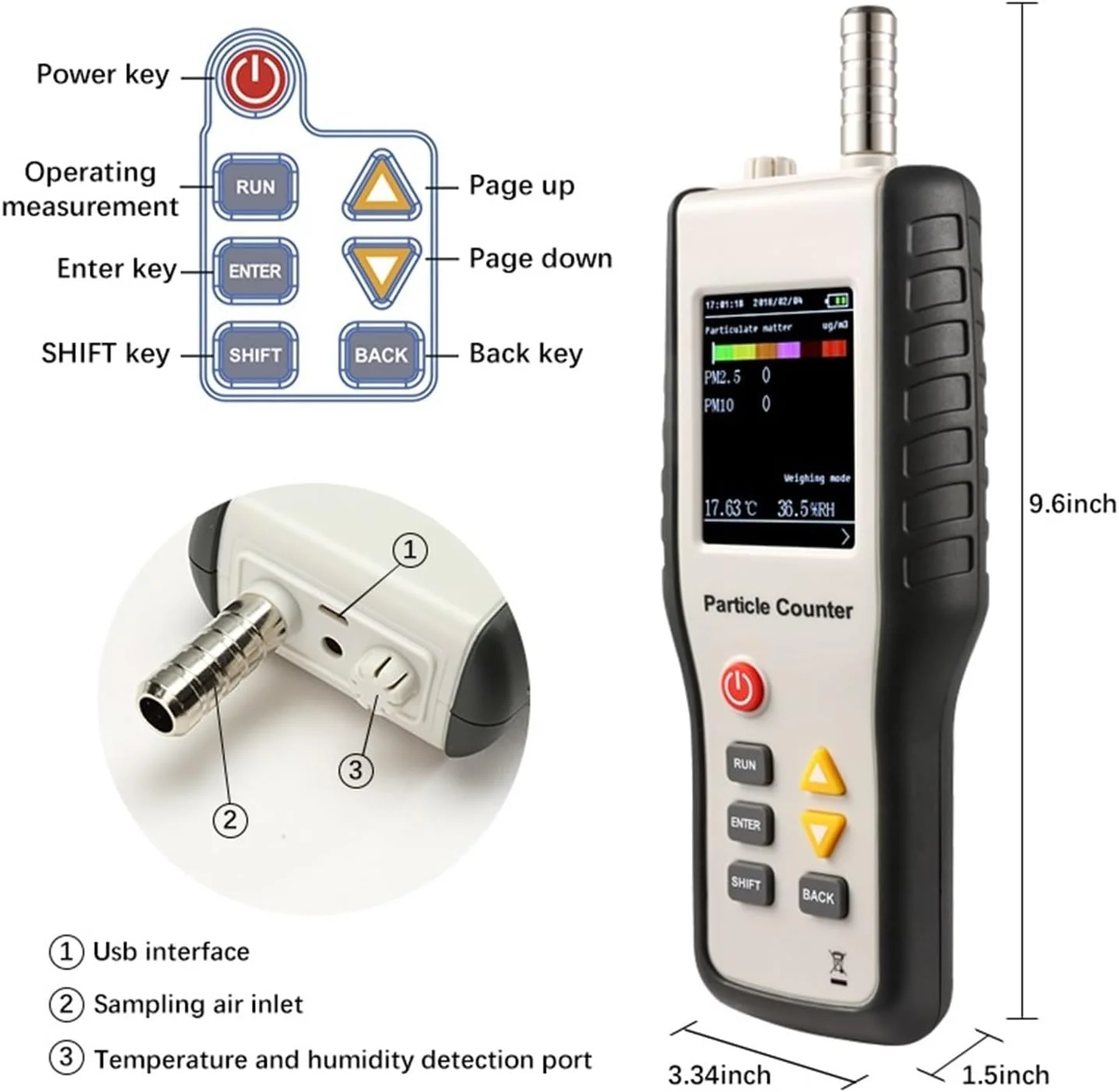 دستگاه تشخیص گاز، دستگاه تشخیص ذرات PM2.5 دستی، دستگاه نظارت بر کیفیت هوا، دستگاه اندازه گیری ذرات گرد و غبار داخلی، صفحه نمایش LCD 2.8 اینچی