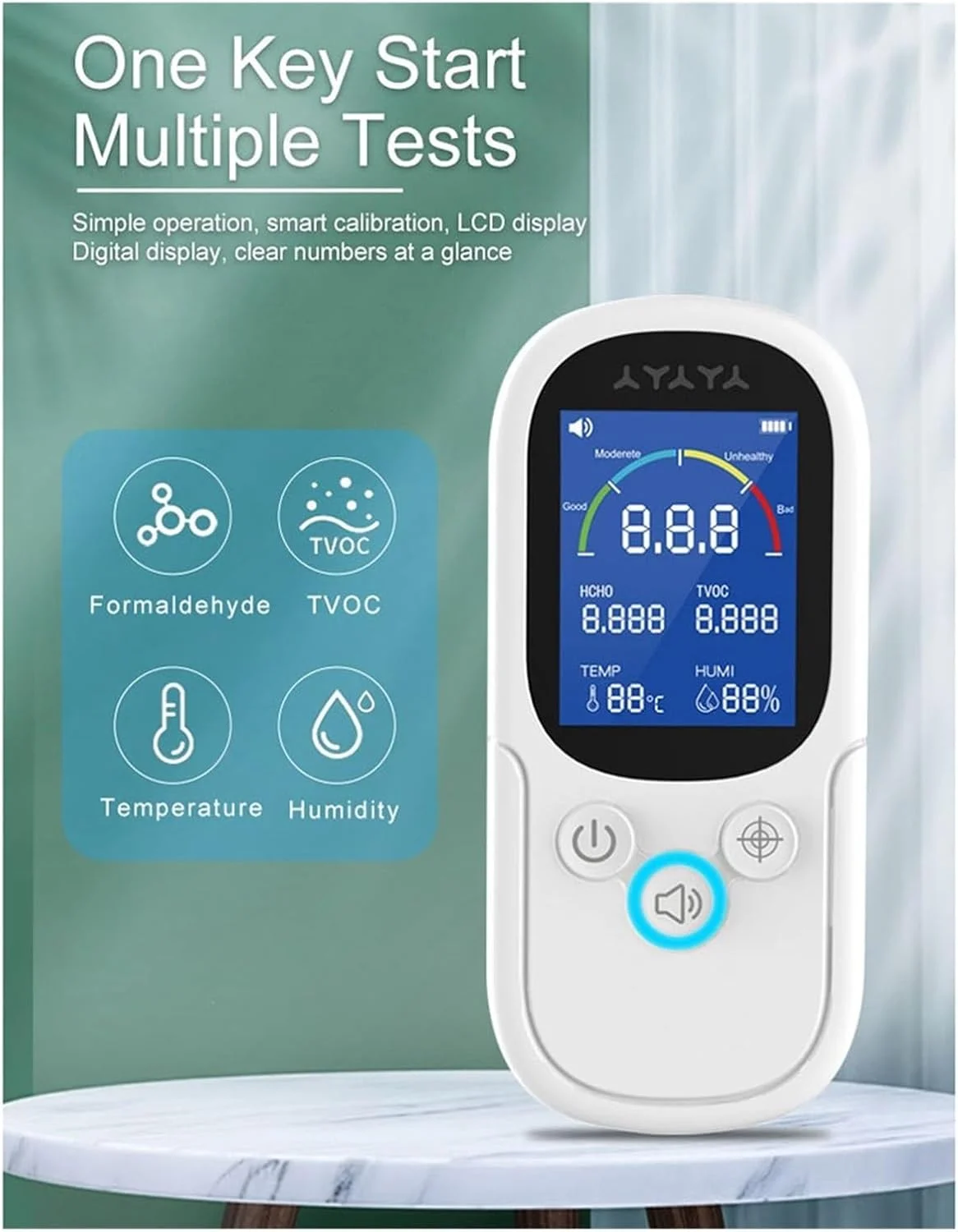 دستگاه تشخیص گاز، دستگاه اندازه گیری دما و رطوبت کیفیت هوا، آشکارساز TVOC HCHO برای خانه، دفتر، هتل و آشکارساز گاز