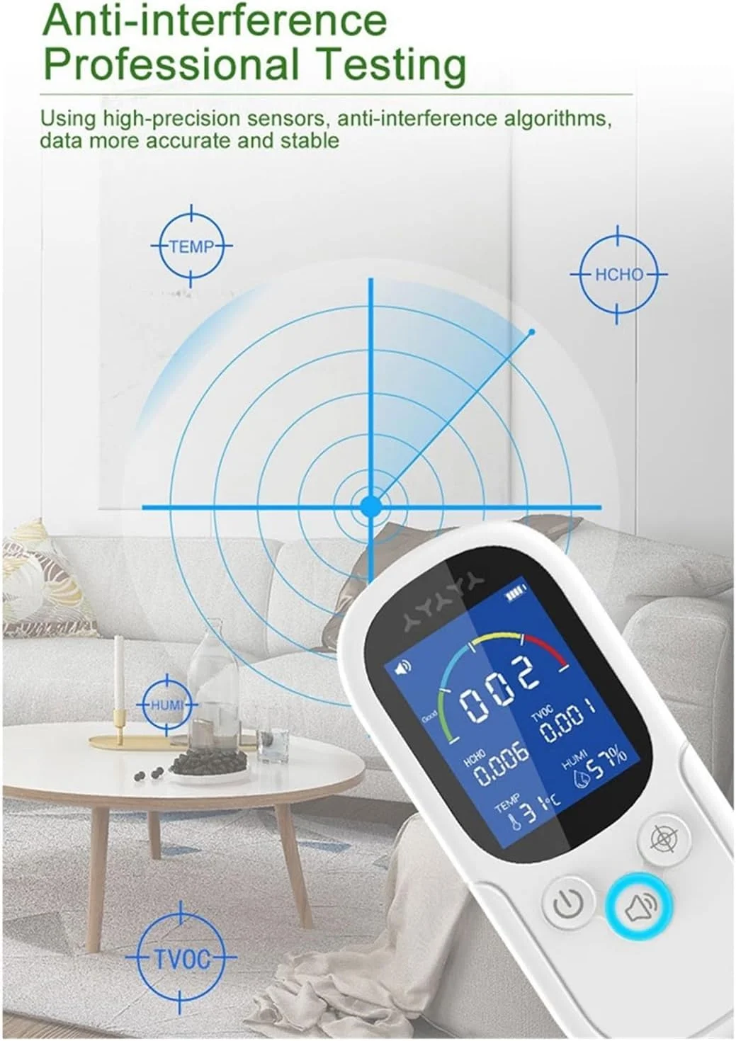 دستگاه تشخیص گاز، دستگاه اندازه گیری دما و رطوبت کیفیت هوا، آشکارساز TVOC HCHO برای خانه، دفتر، هتل و آشکارساز گاز