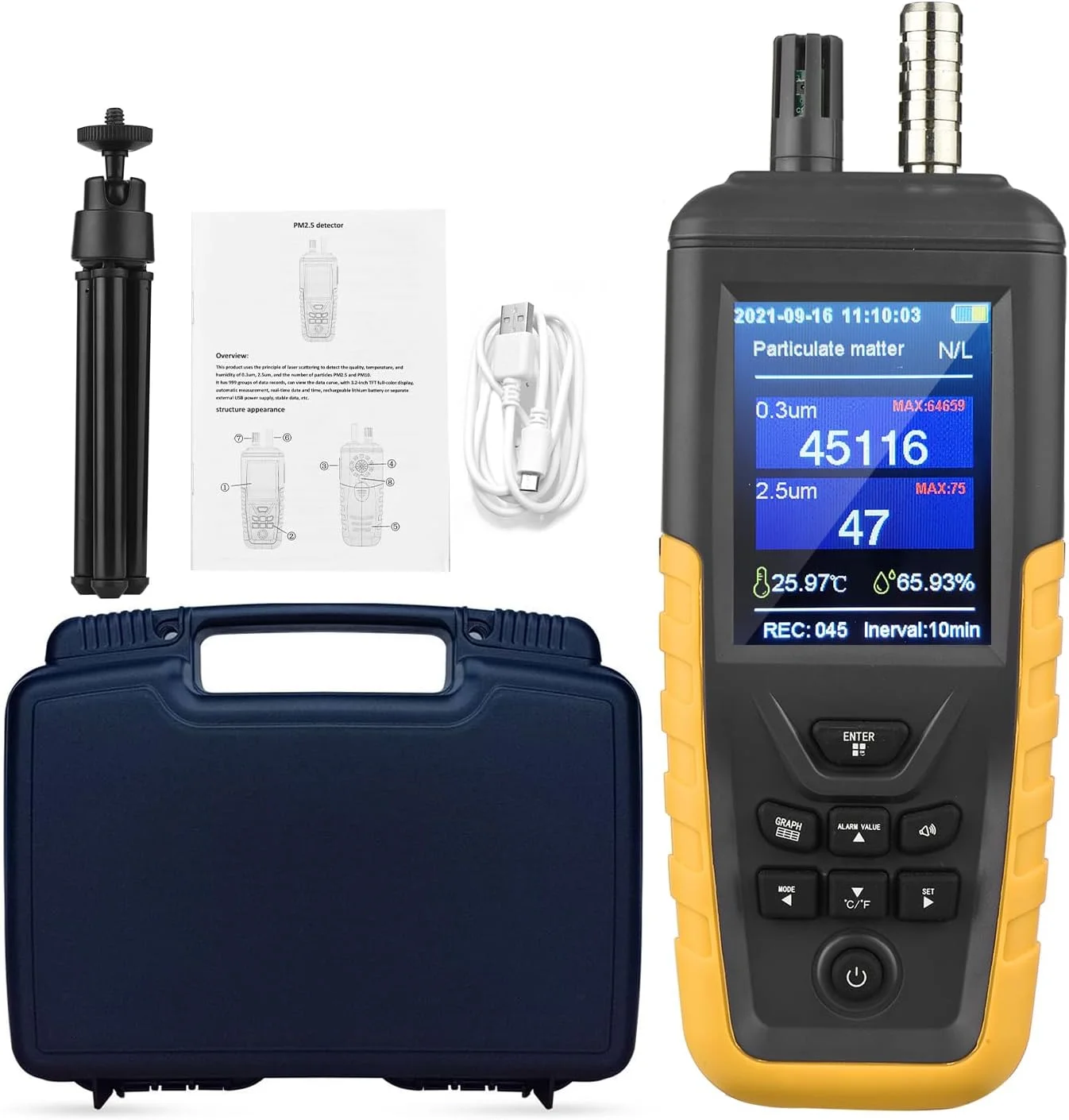 دتکتور گاز، شمارنده ذرات گرد و غبار 3/6 کاناله PM2.5 PM10 با صفحه نمایش رنگی 3.2 اینچی با نور پس زمینه، دستگاه تست کیفیت هوا برای مصارف خانگی (TC-8100 3 کاناله)