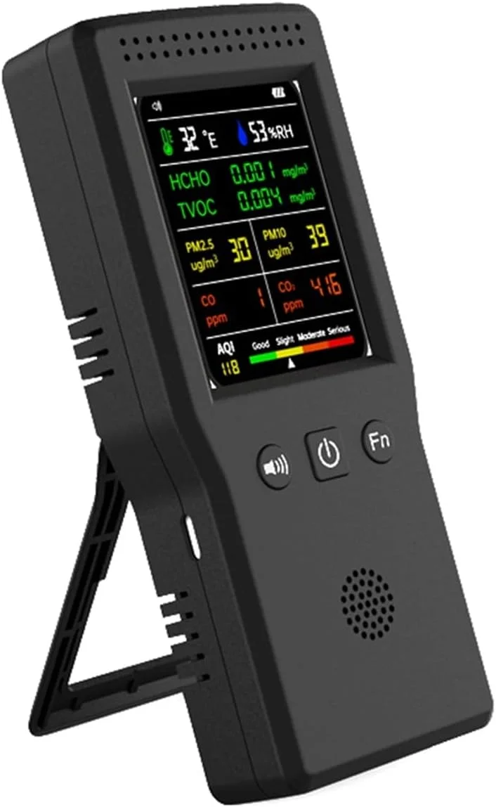 دستگاه تشخیص گاز، 9 در 1 دماسنج رطوبت سنج، ردیاب Co2 کیفیت هوا PM2.5 PM10 HCHO TVOC CO2 با نور پس زمینه صفحه نمایش LCD رنگی (سفید)