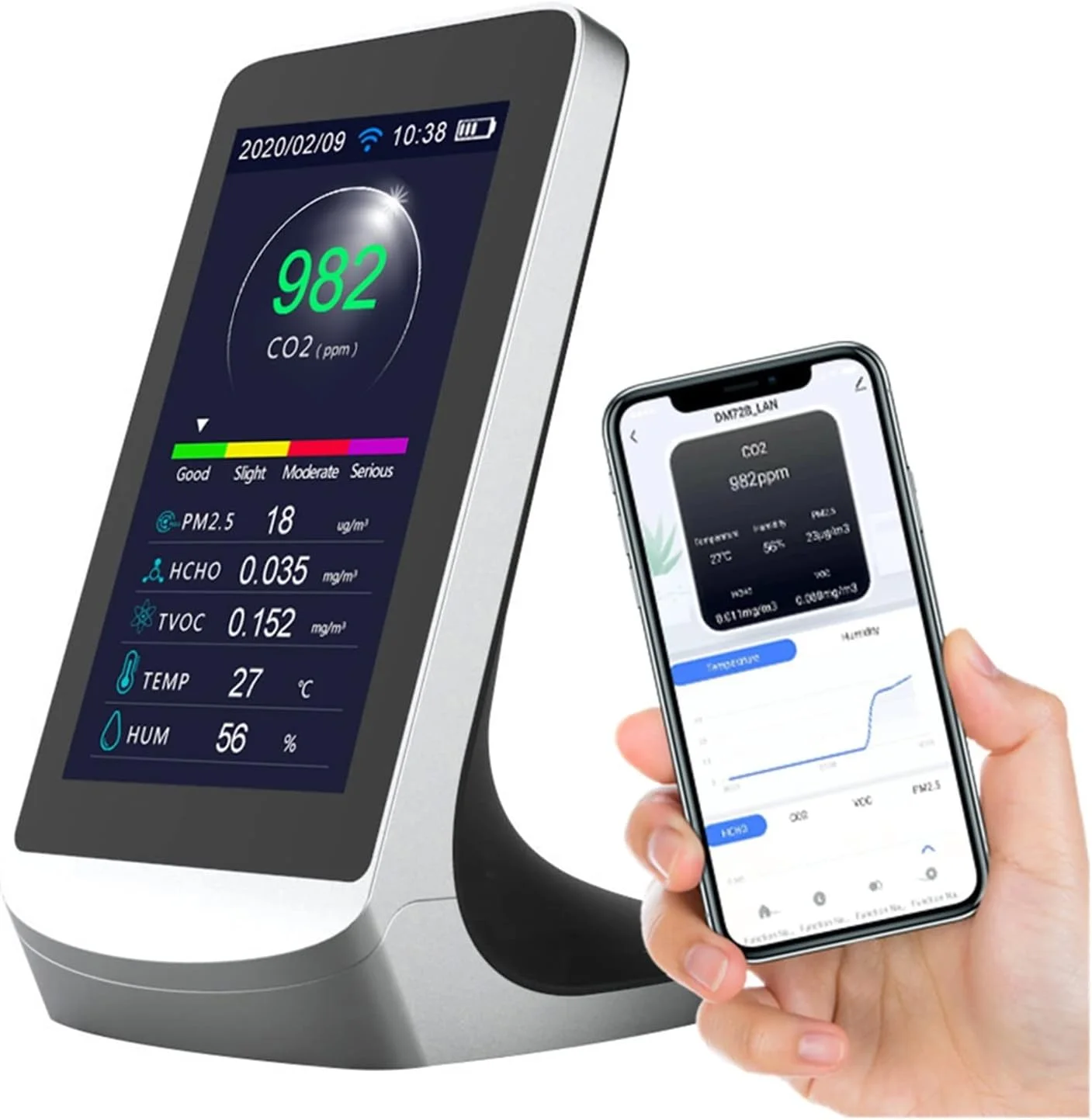 دستگاه تشخیص گاز، DM72B کنترل کیفیت هوا، سنسور انتقال داده وای فای به برنامه TUYA، ردیاب لحظه ای PM2.5، گاز فرمالدئید CO2