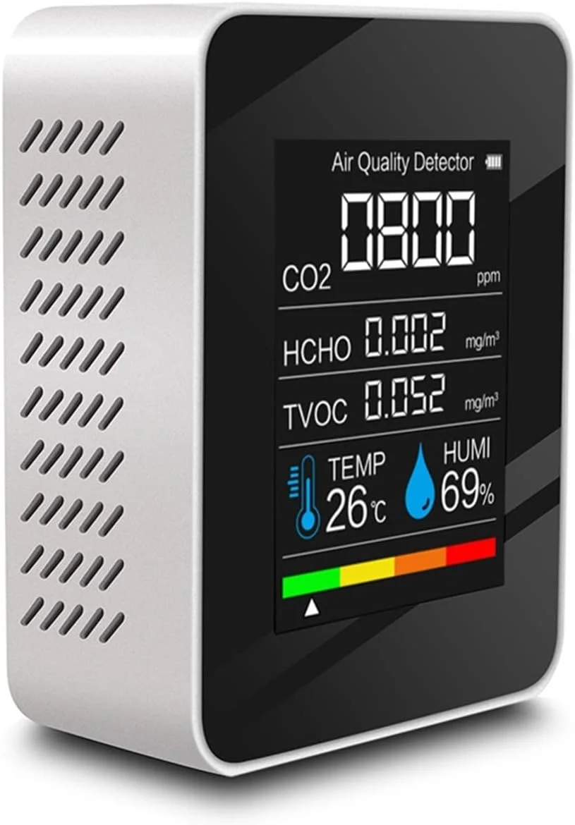 دستگاه تشخیص گاز، دستگاه تست CO2، سنسور سنجش دی اکسید کربن با مقادیر کمی دی اکسید کربن TVOC HCHO، دما و رطوبت (سفید)
