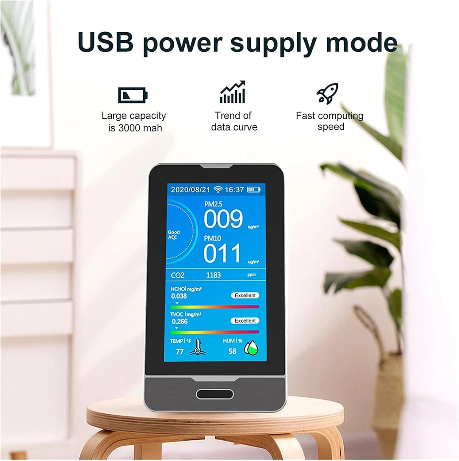 دتکتور گاز، دی اکسید کربن، گرد و غبار، فرمالدئید، TVOC. با اتصال هوشمند Tuya WiFi و عملکرد ثبت زمان