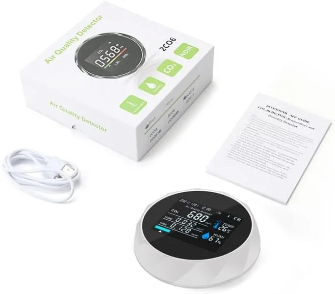 دستگاه 5 در 1 سنجش CO2 با کنترل از طریق اپلیکیشن BT، تست کننده دما و رطوبت، مانیتور کیفیت هوا برای دی اکسید کربن TVOC HCHO، دستگاه مانیتور کیفیت هوا، دستگاه سنجش CO2 داخلی دستگاه 5 در 1 سنجش CO2 با کنترل از طریق اپلیکیشن BT، تست کننده دما و رطوبت، مانیتور کیفیت هوا برای دی اکسید کربن TVOC HCHO، دستگاه مانیتور کیفیت هوا، دستگاه سنجش CO2 داخلی