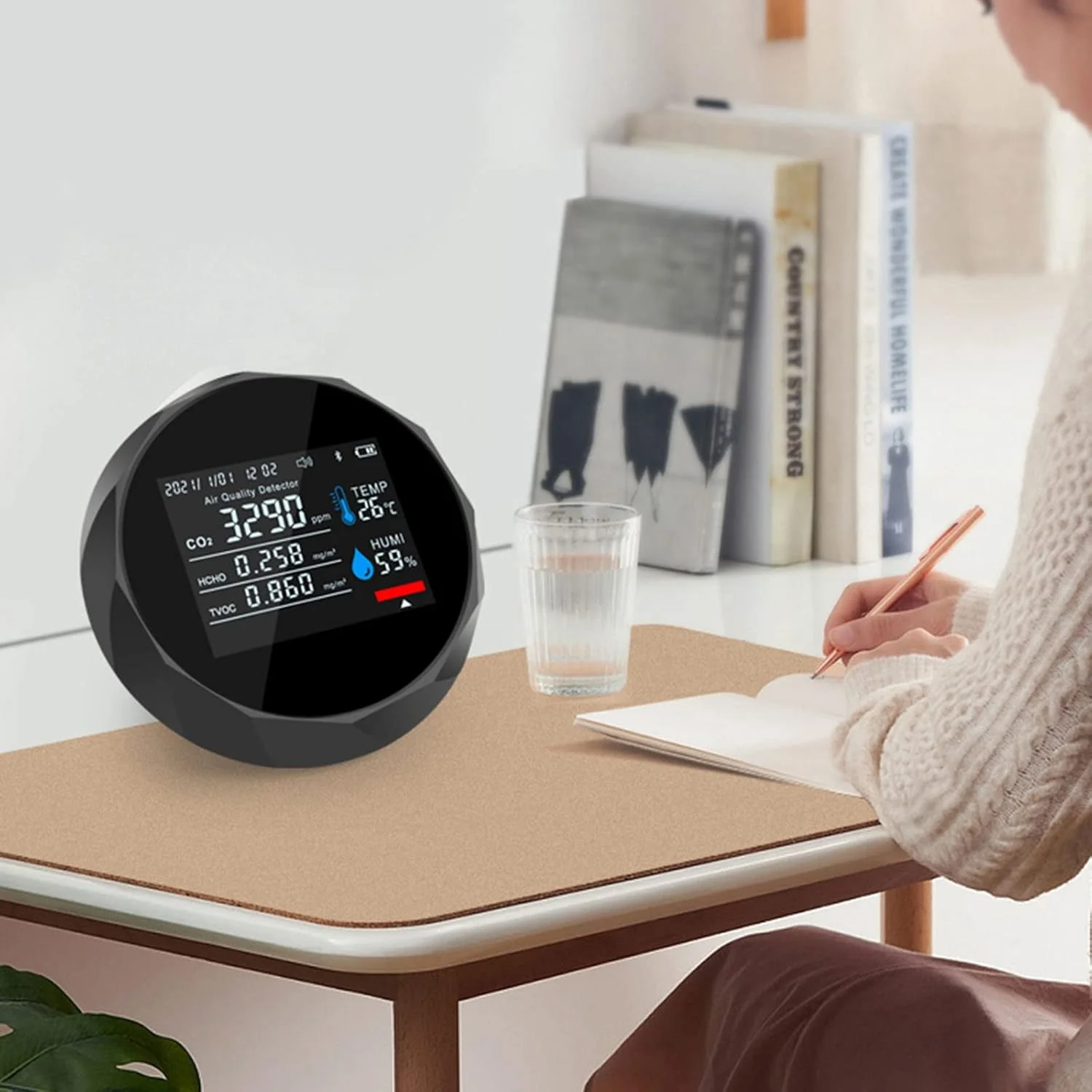 دستگاه 5 در 1 سنجش CO2 با کنترل از طریق اپلیکیشن BT، تست کننده دما و رطوبت، مانیتور کیفیت هوا برای دی اکسید کربن TVOC HCHO، دستگاه مانیتور کیفیت هوا، دستگاه سنجش CO2 داخلی