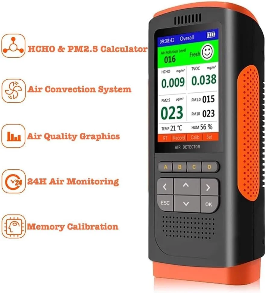 دستگاه سنجش کیفیت هوا، دستگاه سنجش هوای فضاهای بسته، سنسور HCHO، تستر فرمالدهید TVOC، PM2.5 PM1.0 PM10 دقیق، دماسنج رطوبت، نمایشگر زمان واقعی