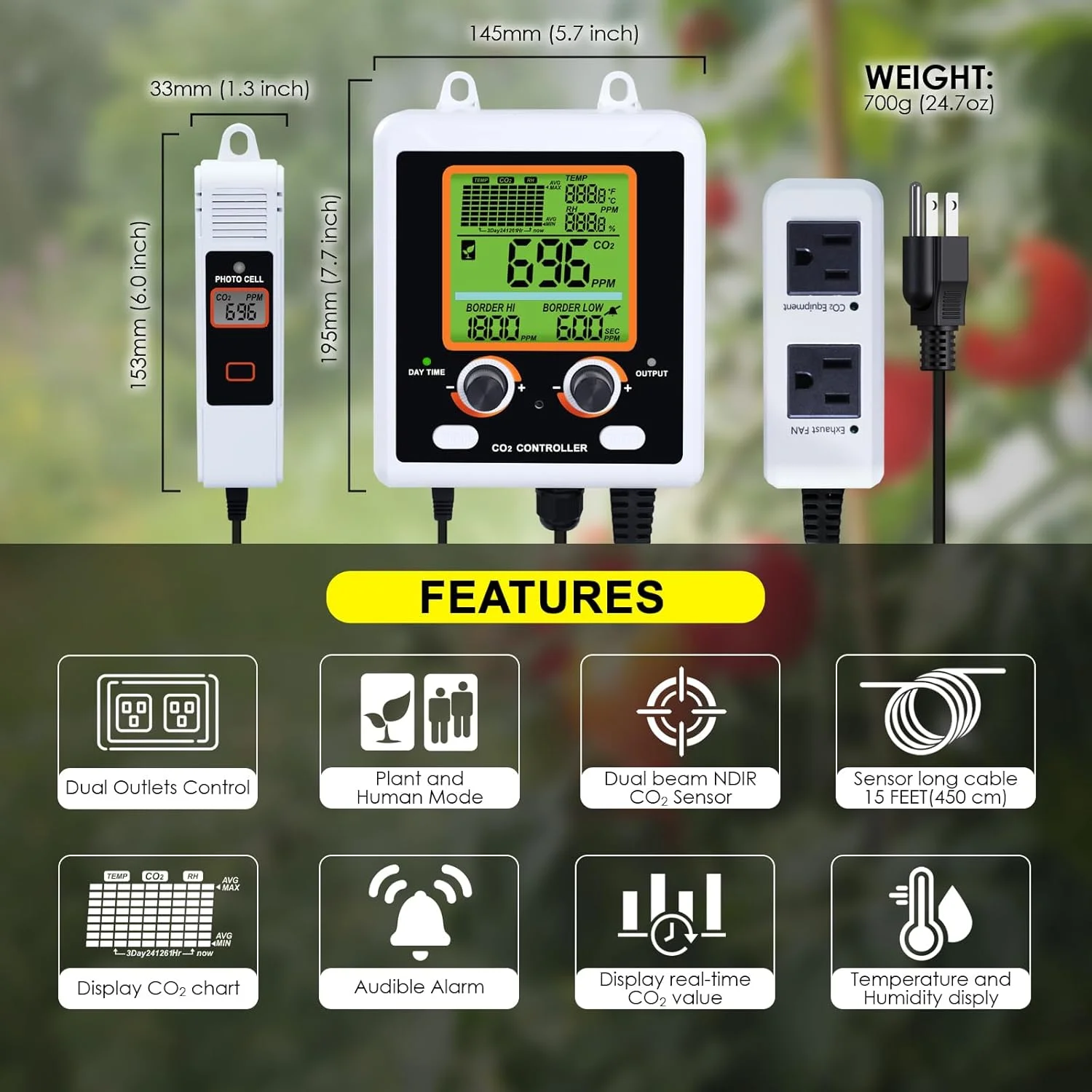 کنترلر دی اکسید کربن با دو خروجی برای اتاق رشد، دو دوشاخه هوشمند به طور خودکار تنظیم کننده ها و فن ها را کنترل می کنند، دارای سنسور NDIR و نمایش نمودار CO2، دما و رطوبت کنترلر دی اکسید کربن با دو خروجی برای اتاق رشد، دو دوشاخه هوشمند به طور خودکار تنظیم کننده ها و فن ها را کنترل می کنند، دارای سنسور NDIR و نمایش نمودار CO2، دما و رطوبت