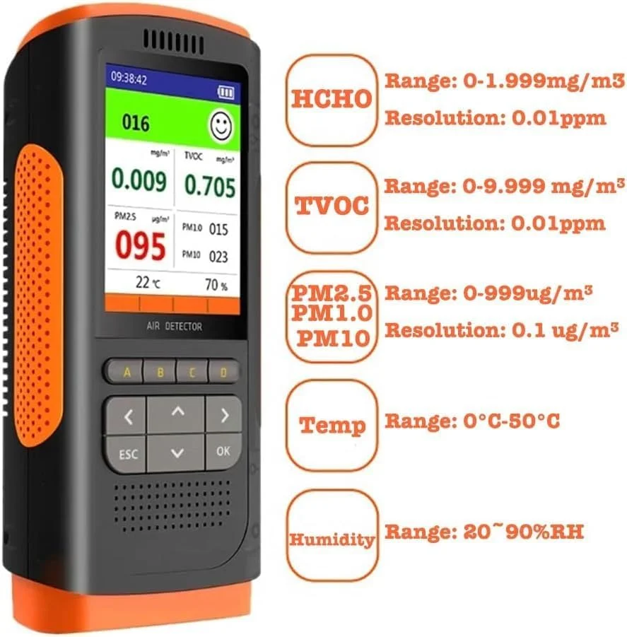 دستگاه سنجش کیفیت هوا، دستگاه سنجش هوای فضاهای بسته، سنسور HCHO، تستر فرمالدهید TVOC، PM2.5 PM1.0 PM10 دقیق، دماسنج رطوبت، نمایشگر زمان واقعی