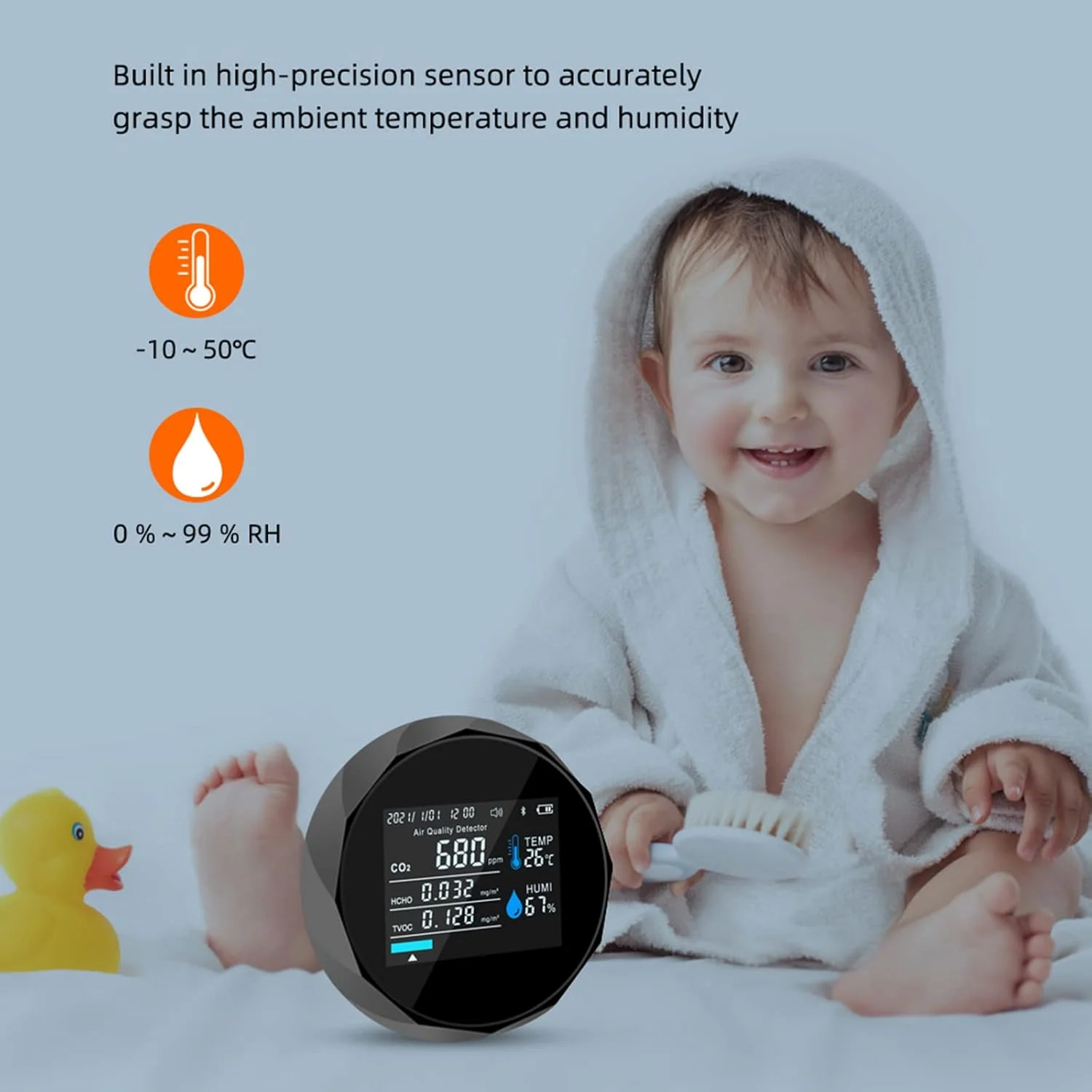 دستگاه 5 در 1 سنجش CO2 با کنترل از طریق اپلیکیشن BT، تست کننده دما و رطوبت، مانیتور کیفیت هوا برای دی اکسید کربن TVOC HCHO، دستگاه مانیتور کیفیت هوا، دستگاه سنجش CO2 داخلی