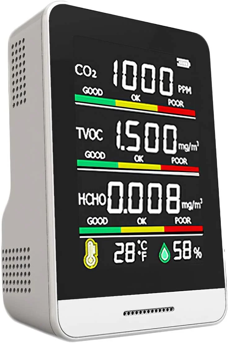 دستگاه سنجش کیفیت هوا برای دی اکسید کربن، دما، رطوبت، فرمالدهید و TVOC، دستگاه تشخیص دی اکسید کربن قابل شارژ با عمر باتری طولانی و صفحه نمایش رنگی، مانیتور دی اکسید کربن برای اتاق خواب، اتاق نشیمن، اتاق کودک