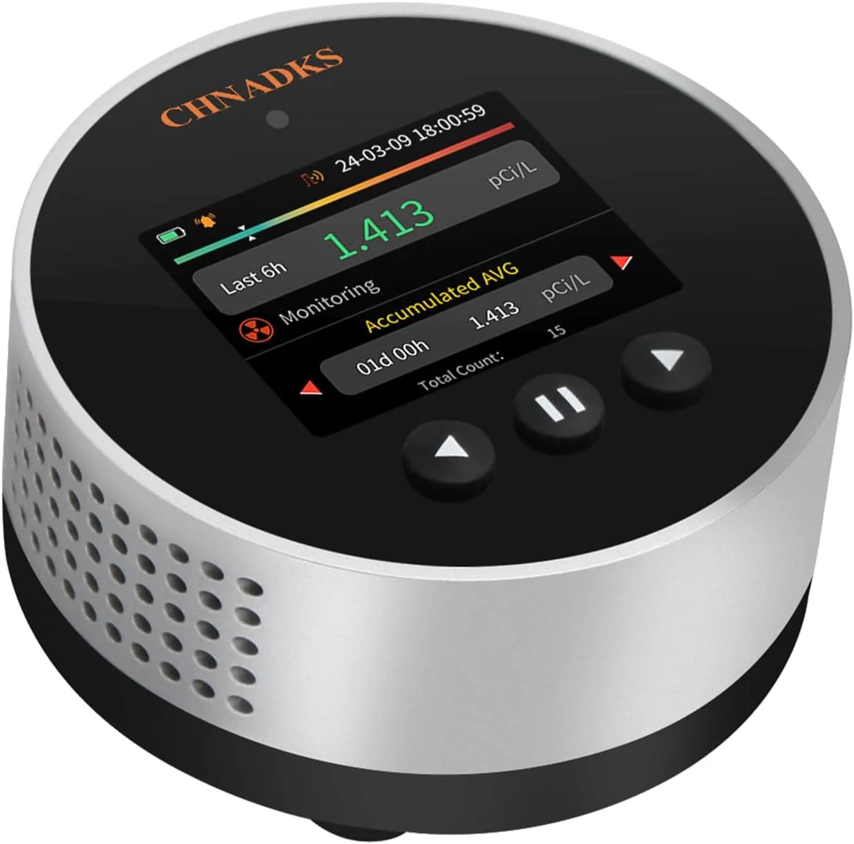 رادون متر قابل حمل CHNADKS مدل RM-65 با نمایشگر رنگی و آلارم، سنسور نیمه هادی، واحد های اندازه گیری pCi/L یا Bq/m³، قابلیت ذخیره سازی 504 روز داده، 45 روز عمر باتری، مناسب برای زیرزمین ها، خانه ها و سایت های ساختمانی