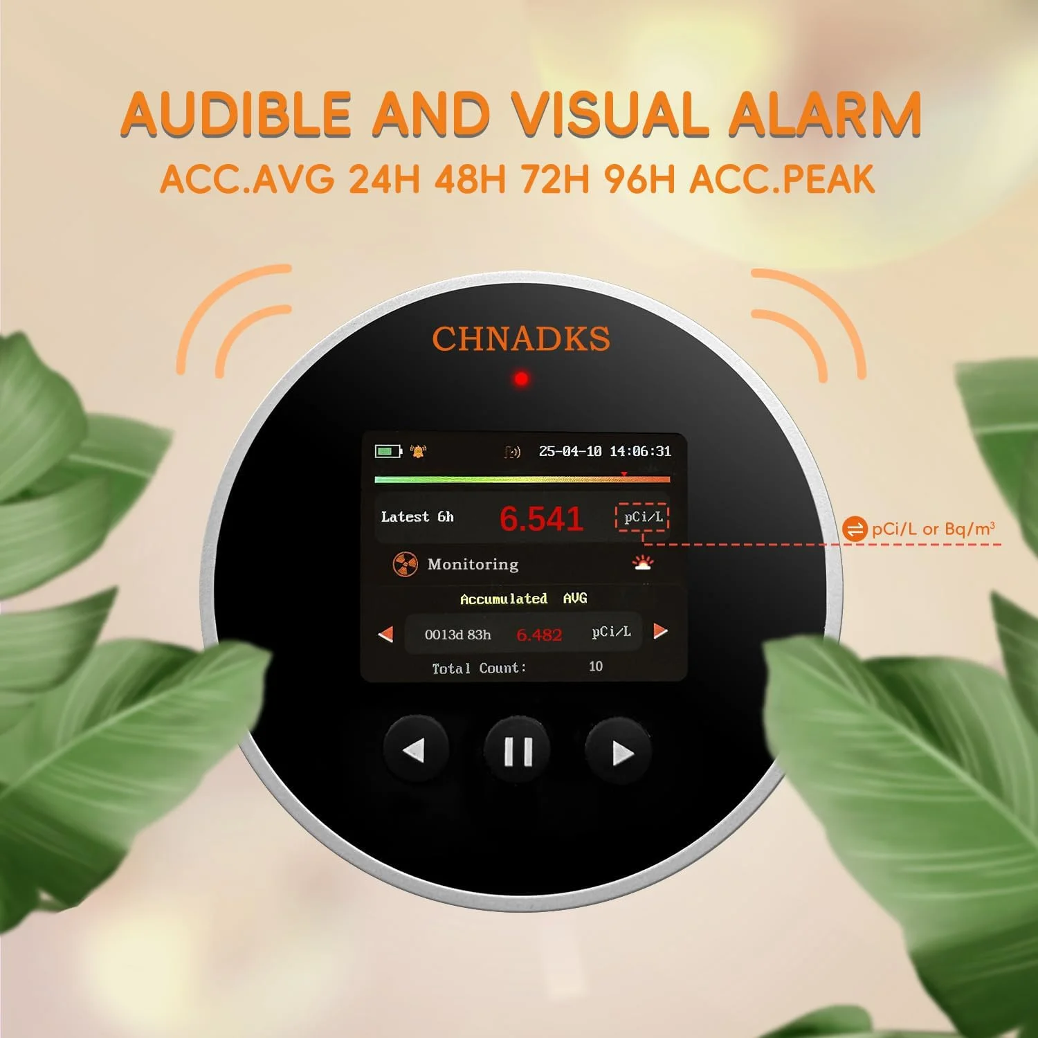 رادون متر قابل حمل CHNADKS مدل RM-65 با نمایشگر رنگی و آلارم، سنسور نیمه هادی، واحد های اندازه گیری pCi/L یا Bq/m³، قابلیت ذخیره سازی 504 روز داده، 45 روز عمر باتری، مناسب برای زیرزمین ها، خانه ها و سایت های ساختمانی