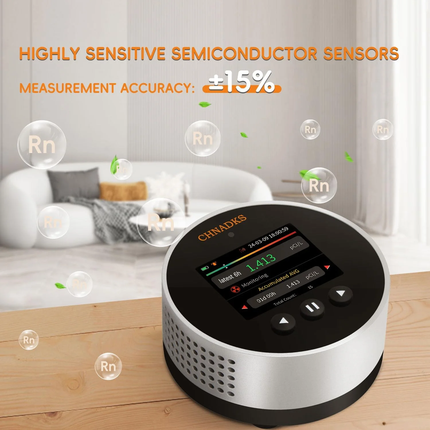 رادون متر قابل حمل CHNADKS مدل RM-65 با نمایشگر رنگی و آلارم، سنسور نیمه هادی، واحد های اندازه گیری pCi/L یا Bq/m³، قابلیت ذخیره سازی 504 روز داده، 45 روز عمر باتری، مناسب برای زیرزمین ها، خانه ها و سایت های ساختمانی
