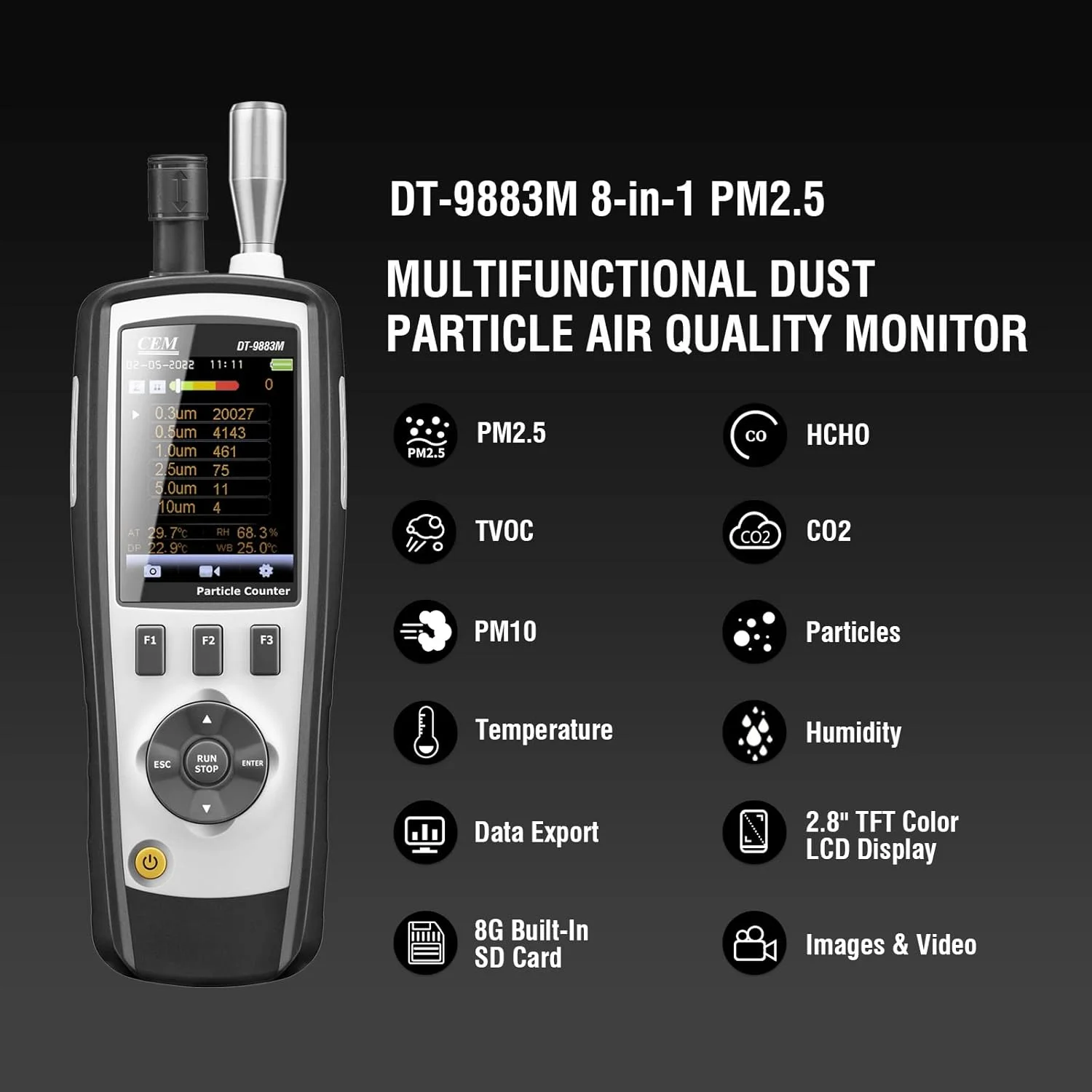 دستگاه CEM DT-9883M PM2.5/10 HCHO CO2 TVOC ذرات معلق هوا (0.3، 0.5، 1.0، 2.5، 5.0، 10 میکرومتر) با صفحه نمایش 2.8 اینچی TFT، پشتیبانی از عکس و دوربین، دما و رطوبت، مناسب برای کارگاه، بیمارستان و محیط های عاری از گرد و غبار و غیره دستگاه CEM DT-9883M PM2.5/10 HCHO CO2 TVOC ذرات معلق هوا (0.3، 0.5، 1.0، 2.5، 5.0، 10 میکرومتر) با صفحه نمایش 2.8 اینچی TFT، پشتیبانی از عکس و دوربین، دما و رطوبت، مناسب برای کارگاه، بیمارستان و محیط های عاری از گرد و غبار و غیره