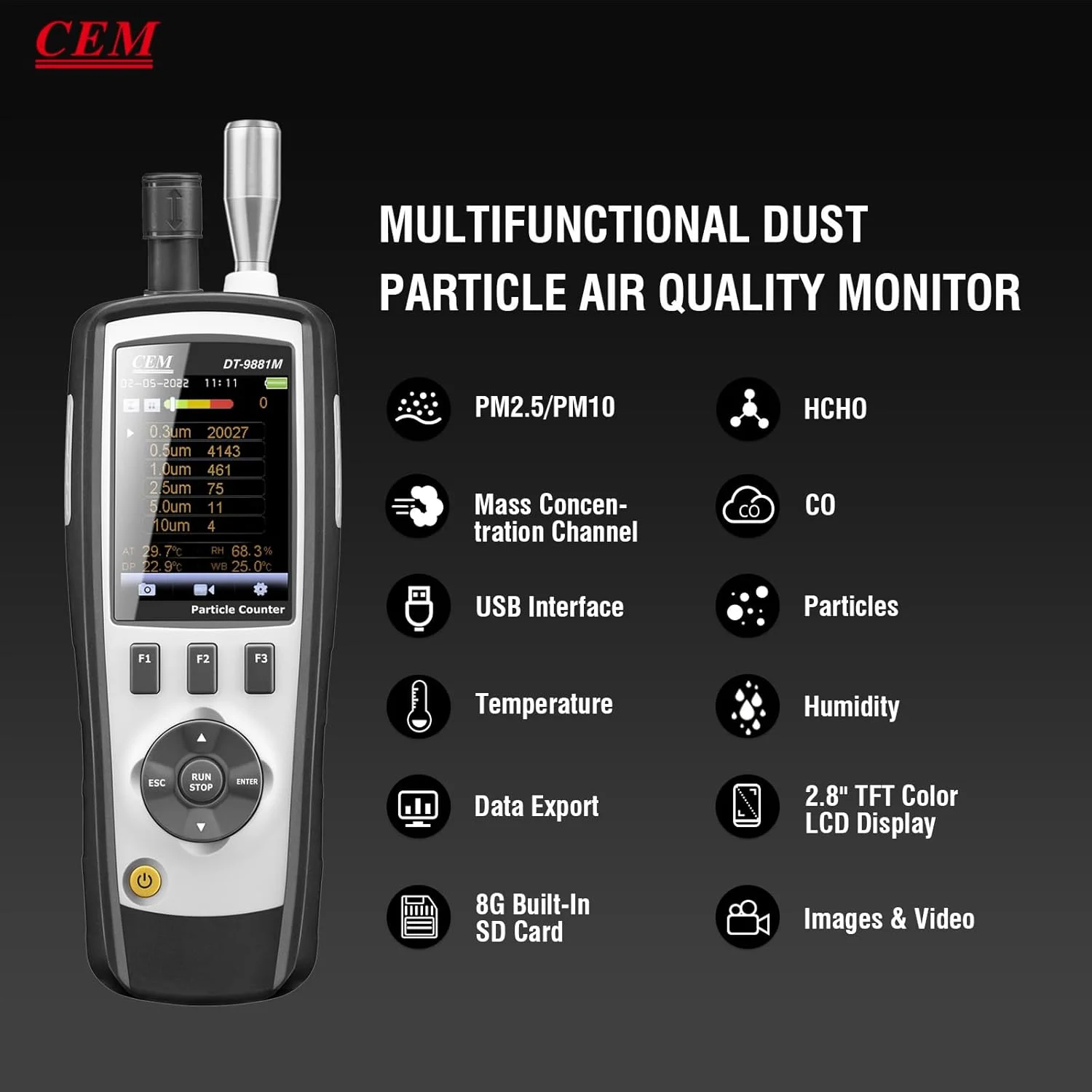 دستگاه ذرات معلق هوا CEM DT-9881M PM2.5/10 HCHO CO (0.3,0.5,1.0,2.5,5.0,10μm) با صفحه نمایش رنگی 2.8 اینچی TFT، پشتیبانی از عکس و دوربین، دما و رطوبت، کارگاه بدون گرد و غبار و بیمارستان و غیره.