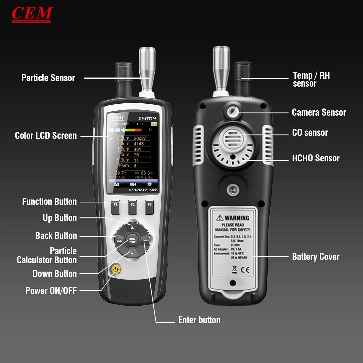 دستگاه ذرات معلق هوا CEM DT-9881M PM2.5/10 HCHO CO (0.3,0.5,1.0,2.5,5.0,10μm) با صفحه نمایش رنگی 2.8 اینچی TFT، پشتیبانی از عکس و دوربین، دما و رطوبت، کارگاه بدون گرد و غبار و بیمارستان و غیره.