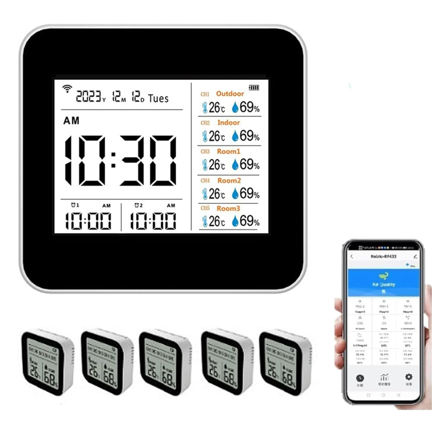 دماسنج رطوبت سنج بریلوکسا، مانیتور دما و رطوبت وای فای 13 در 1 تویا با تقویم زمان دار، دما و رطوبت هوشمند داخلی با کنترل از راه دور برنامه (با 5 واحد فرعی)