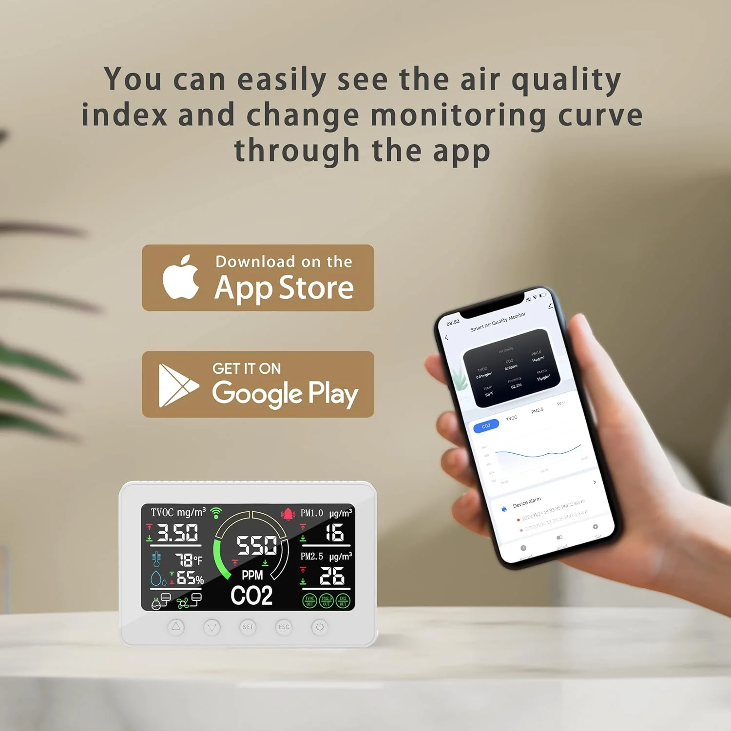 مانیتور کیفیت هوای BROHOM، تشخیص CO2 PM2.5 PM1.0 TVOC رطوبت دما کنترل از طریق برنامه کاربردی، مناسب برای محیط های خانگی و صنعتی، ثبت کننده داده، خانه هوشمند