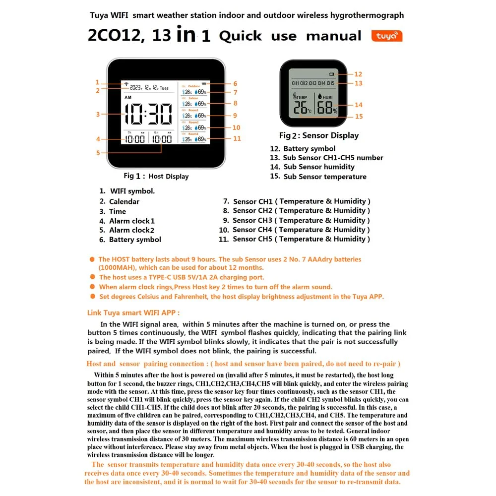 دماسنج رطوبت سنج بریلوکسا، مانیتور دما و رطوبت وای فای 13 در 1 تویا با تقویم زمان دار، دما و رطوبت هوشمند داخلی با کنترل از راه دور برنامه (با 5 واحد فرعی)