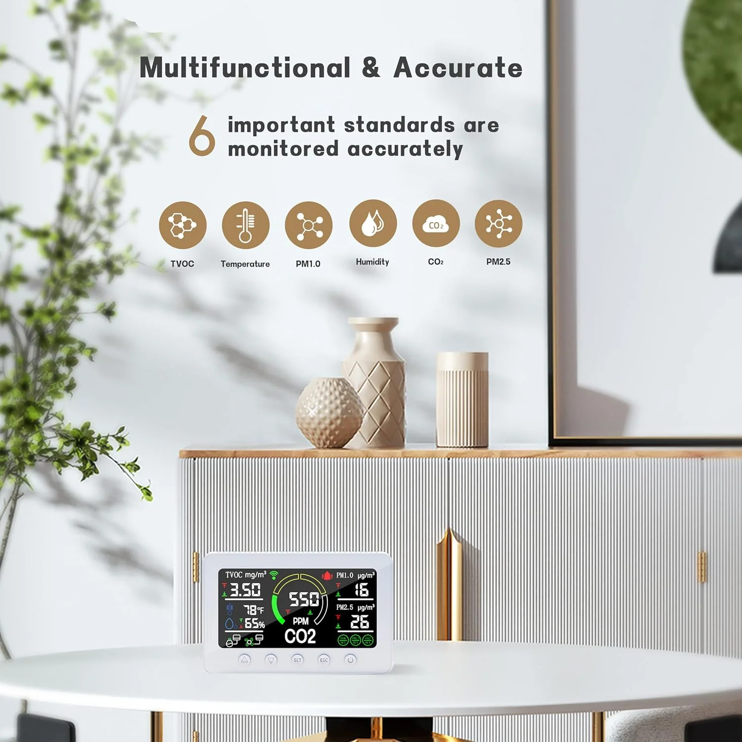 مانیتور کیفیت هوای BROHOM، تشخیص CO2 PM2.5 PM1.0 TVOC رطوبت دما کنترل از طریق برنامه کاربردی، مناسب برای محیط های خانگی و صنعتی، ثبت کننده داده، خانه هوشمند