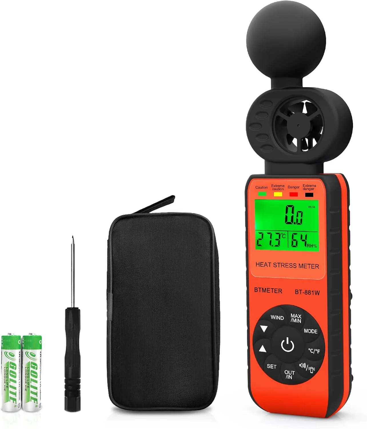 بادسنج و سنجشگر استرس گرمایی BTMETER BT-881W، دستگاه دیجیتال WBGT (دمای گوی مرطوب) داخلی/خارجی به همراه سرعت باد، دما و رطوبت محیط