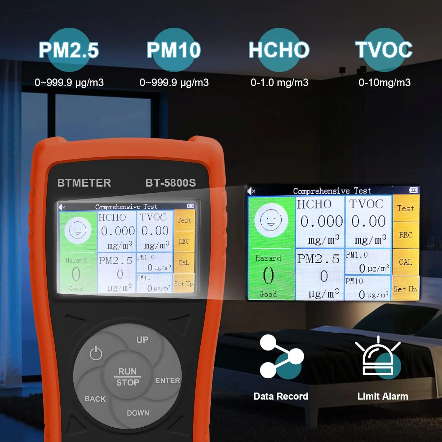 دستگاه تشخیص فرمالدهید BTMETER مدل PM2.5 PM10، مانیتور کیفیت هوای داخلی HCHO TVOC ذرات گرد و غبار هوا برای خانه، دفتر، کارخانه، انبار 5800S