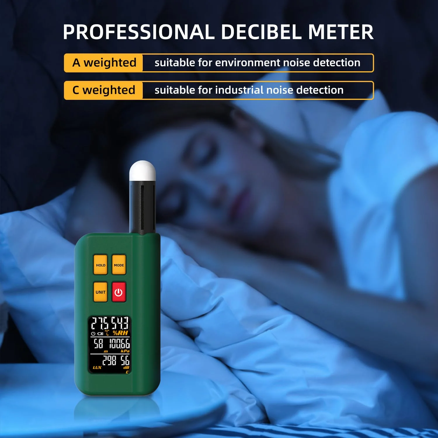 دستگاه سنجش محیطی قابل حمل BSIDE GX1، شارژی 6 در 1 با نورسنج دیجیتال، دسی بل سنج، فشارسنج، ارتفاع سنج، دماسنج و رطوبت سنج، صفحه نمایش رنگی، نگهدارنده داده، تست هوشمند