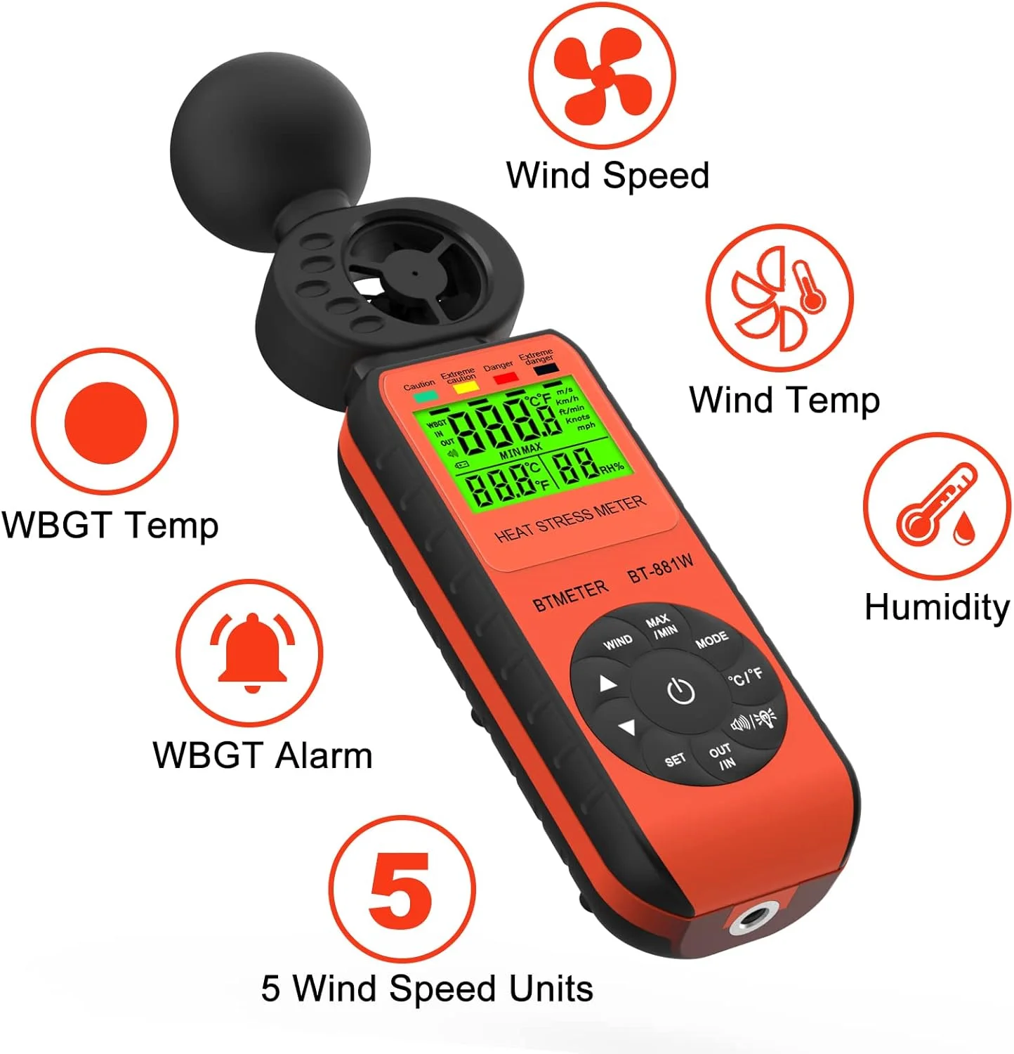 بادسنج و سنجشگر استرس گرمایی BTMETER BT-881W، دستگاه دیجیتال WBGT (دمای گوی مرطوب) داخلی/خارجی به همراه سرعت باد، دما و رطوبت محیط