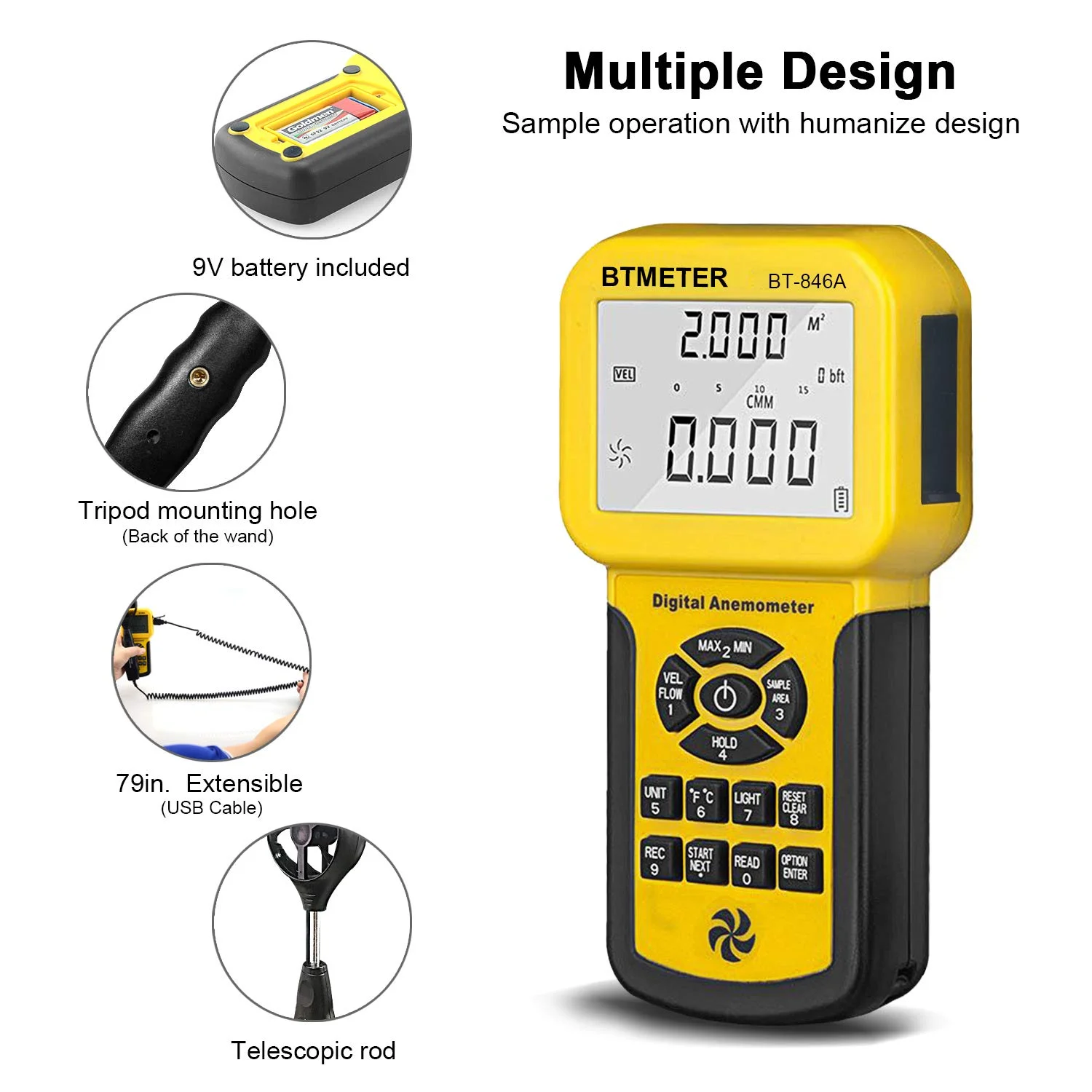 بادسنج حرفه ای HVAC بی تی متر مدل BT-846A، اندازه گیری سرعت باد، جریان باد، دمای باد، CFM، سرعت جریان هوا با نور پس زمینه، حداکثر، حداقل، میانگین