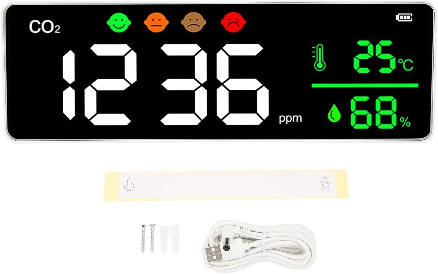 مانیتور کیفیت هوا Brilluxa مدل DM1306، صفحه نمایش LED، قابل نصب روی دیوار، دتکتور دیجیتال دما و غلظت CO2، دماسنج و رطوبت سنج قابل حمل