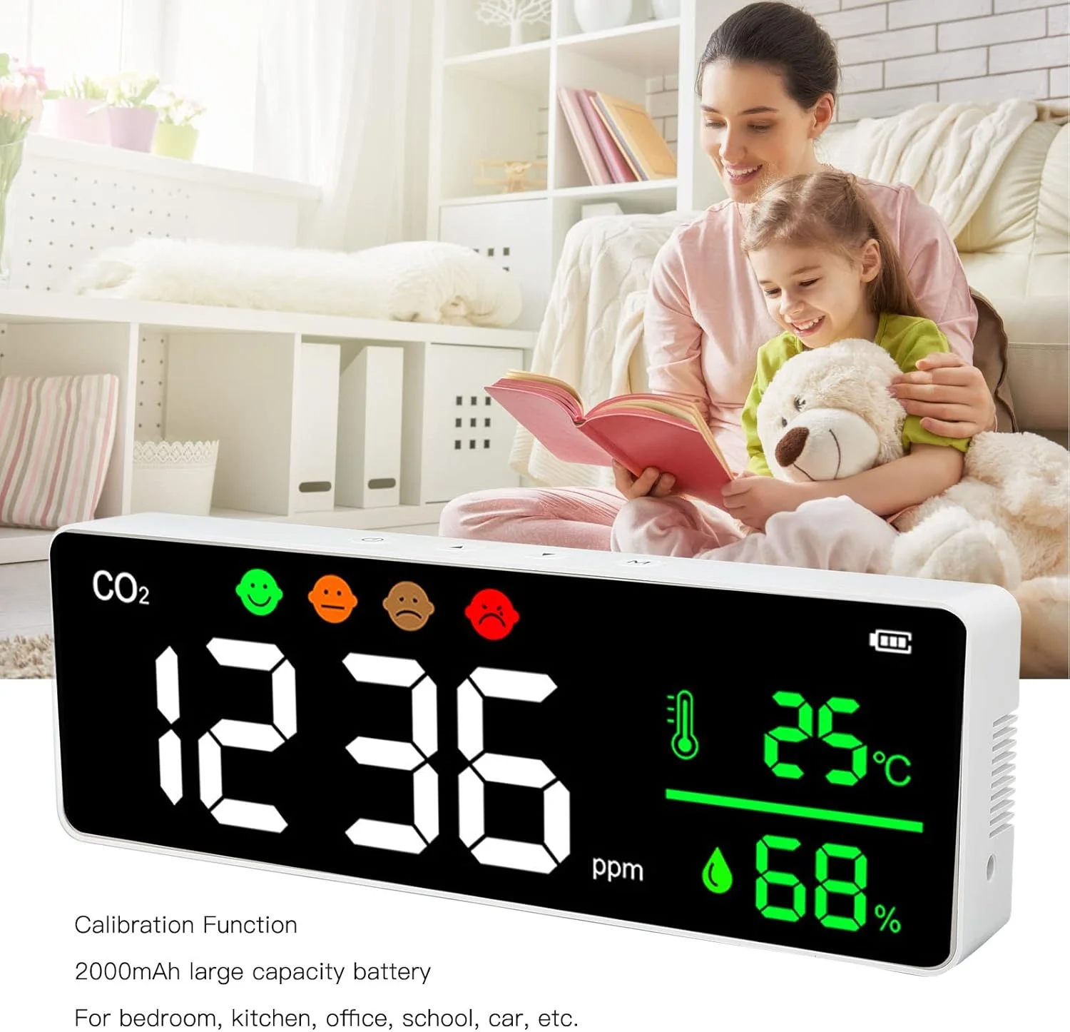 مانیتور کیفیت هوا Brilluxa مدل DM1306، صفحه نمایش LED، قابل نصب روی دیوار، دتکتور دیجیتال دما و غلظت CO2، دماسنج و رطوبت سنج قابل حمل