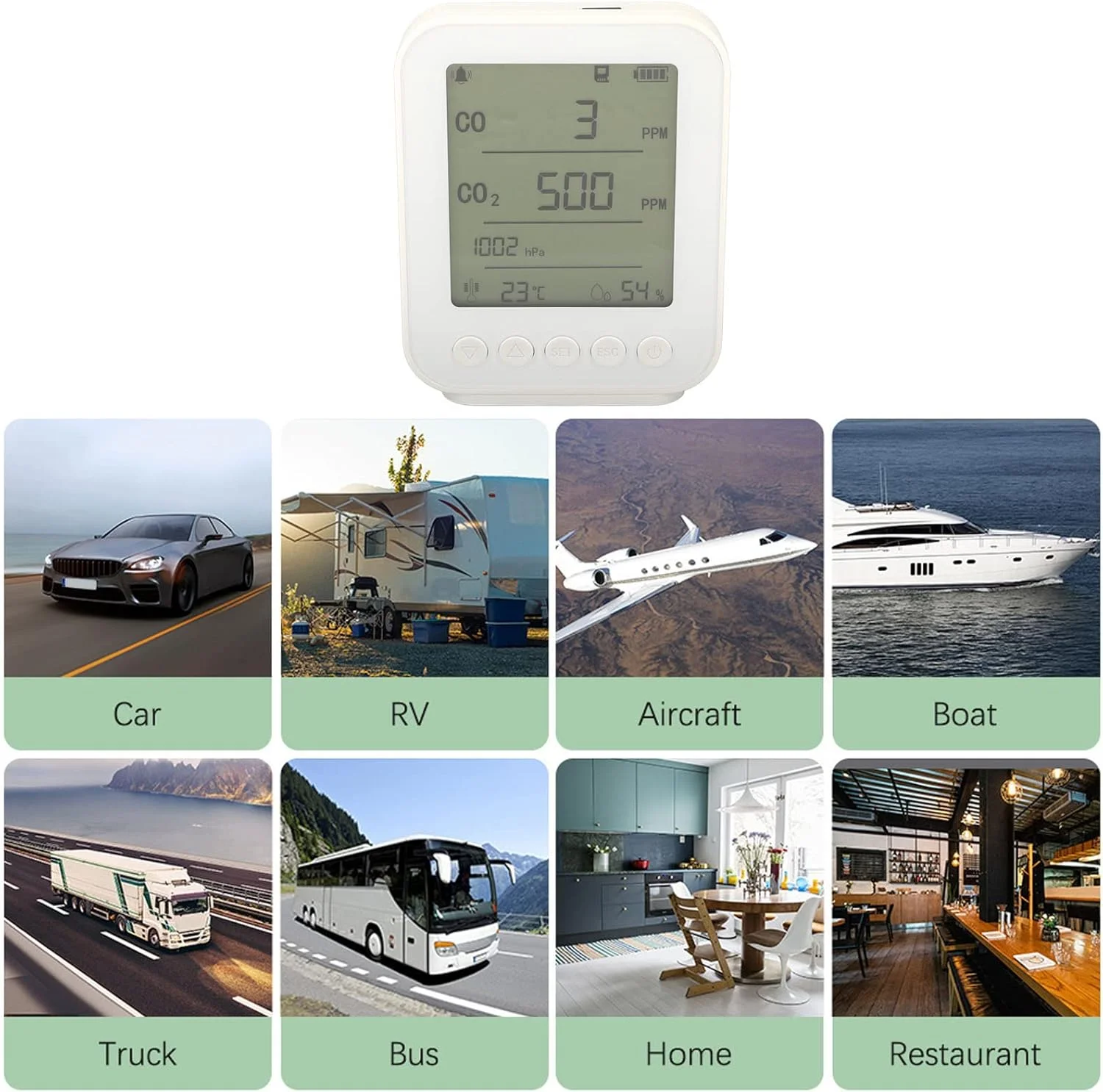 مانیتور کیفیت هوای خودرو Brilluxa، ردیاب CO2 خودرو با سنسور دما، فشار و رطوبت، دستگاه سنجش کیفیت هوا 7 در 1 با 5 ولت برای نظارت بر خودرو