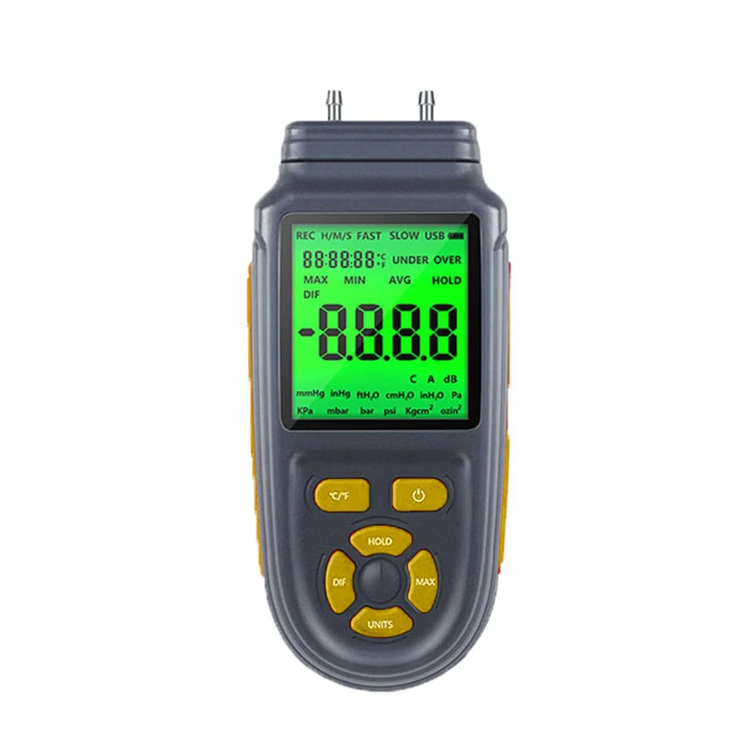 مانومتر دیجیتال BREAUX با صفحه نمایش LCD دکمه نارنجی، فشارسنج دیفرانسیل دو پورت برای سیستم های تهویه مطبوع و کانال ها