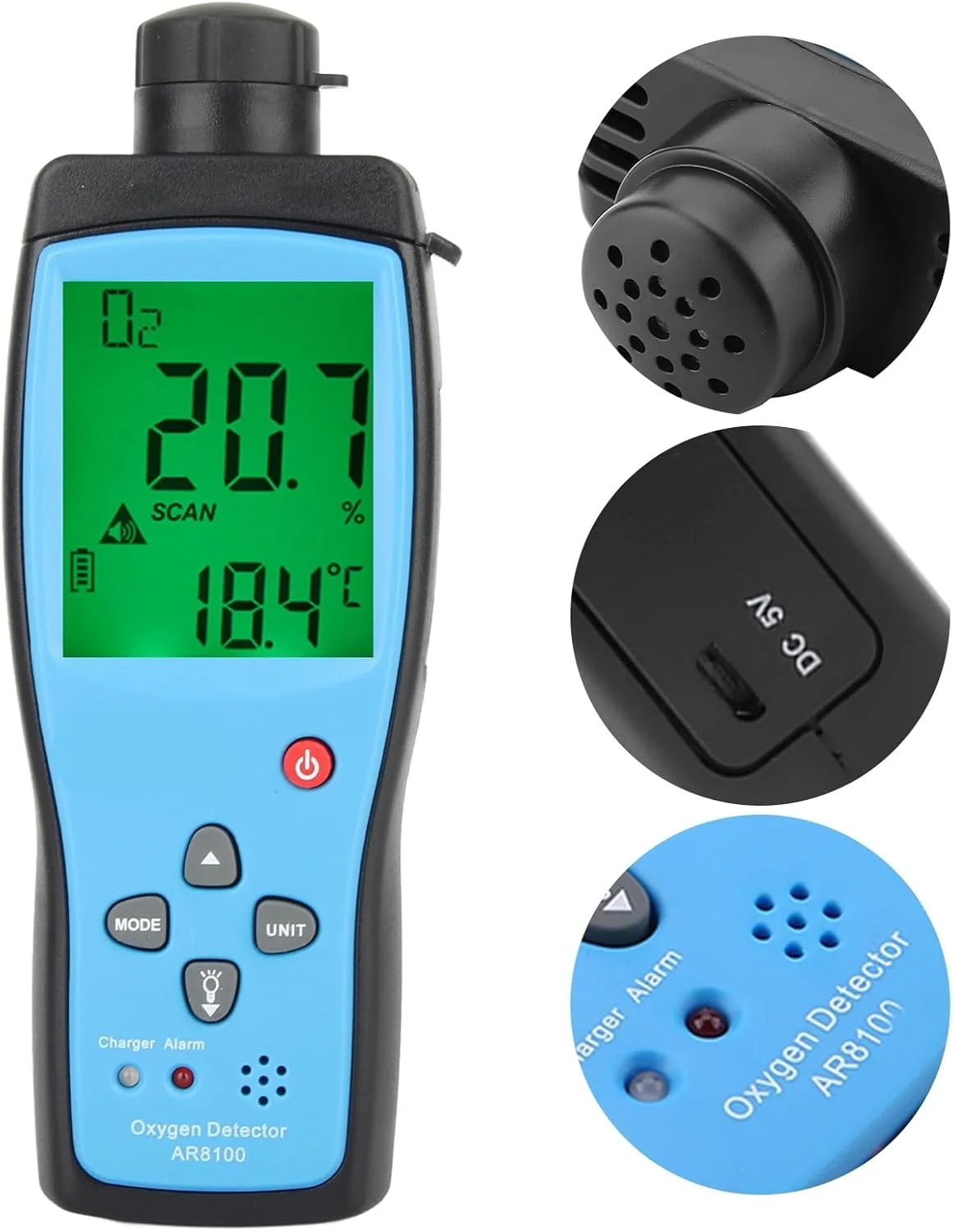 دستگاه سنجش اکسیژن دستی بریلوکسا مدل AR8100، ردیاب اکسیژن قابل شارژ برای صنعت در فضای باز 100-240 ولت، مانیتور گاز با نشانگرهای متعدد و آلارم، دارای LCD