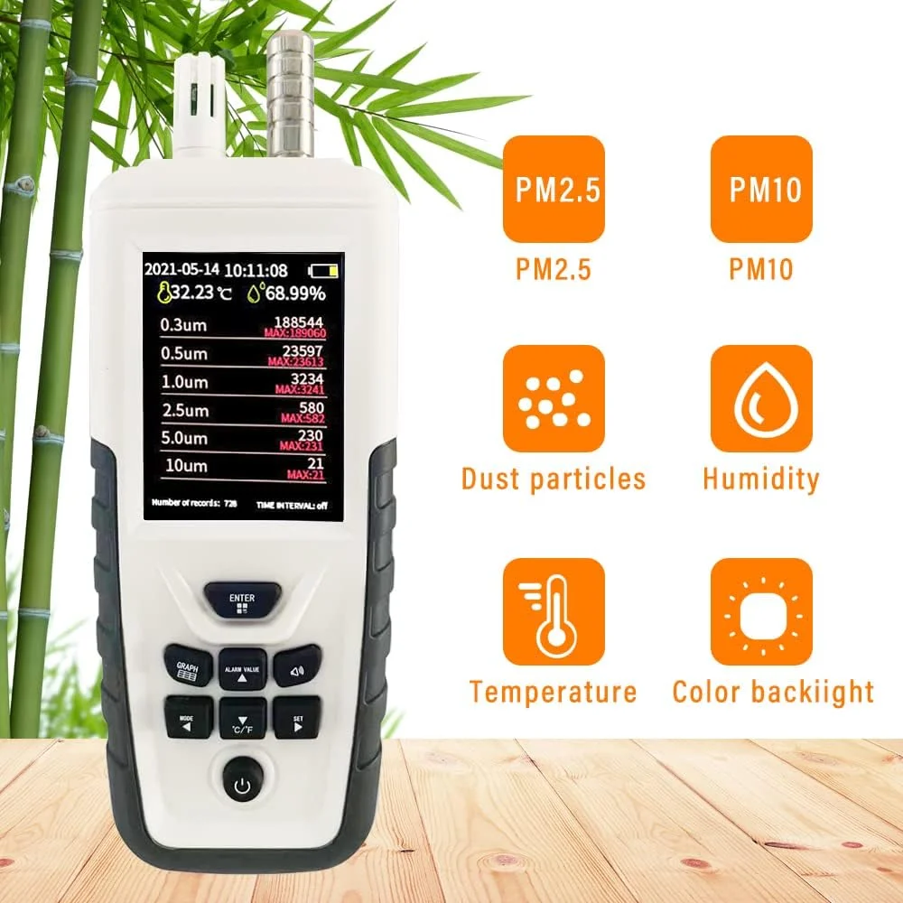 دستگاه تشخیص ذرات معلق صنعتی BREAUX PM2.5، صفحه نمایش حرفه ای ذرات گرد و غبار، صفحه نمایش کیفیت هوا، دستگاه تشخیص گاز رطوبت PM10، شمارنده ذرات برای تشخیص ساخت