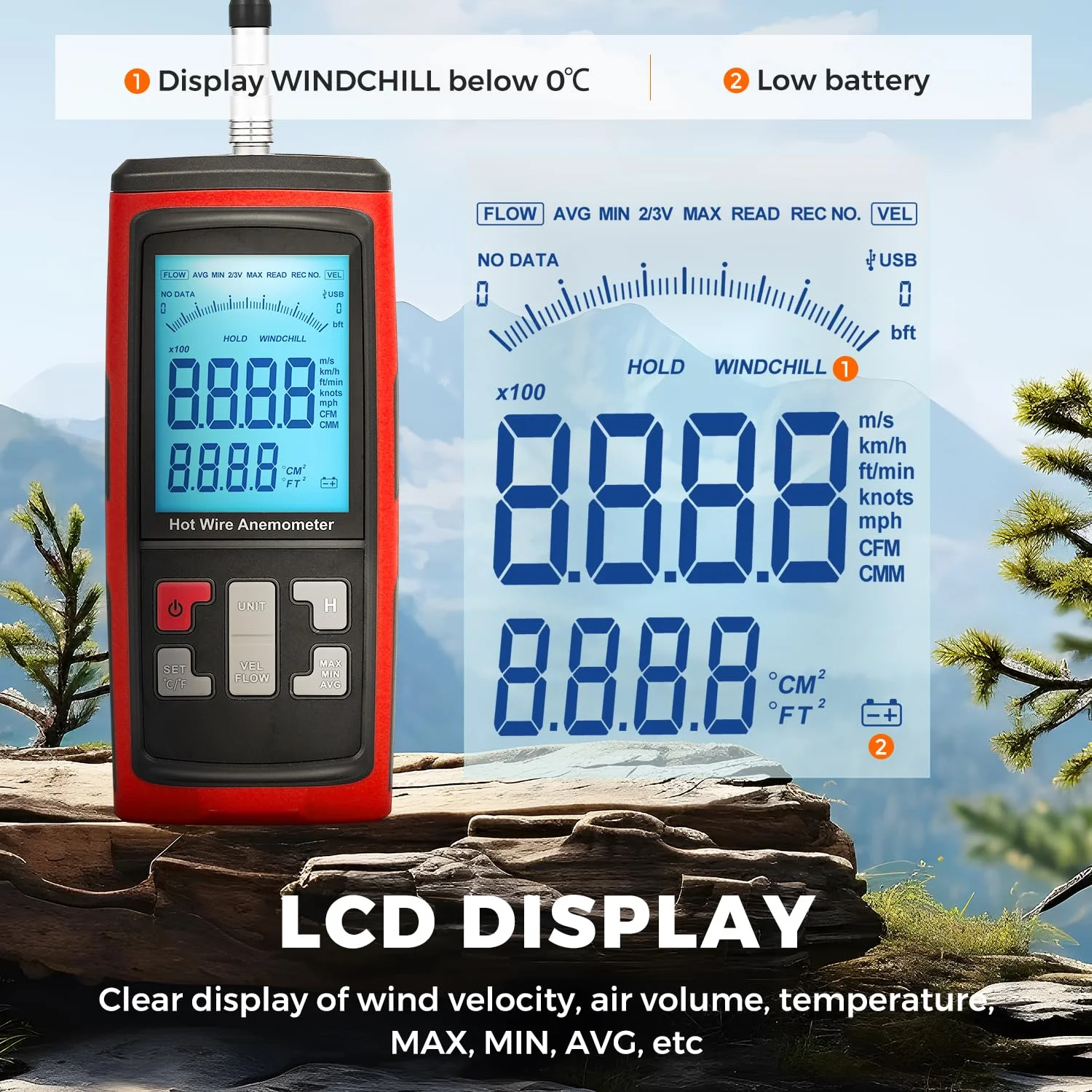 بونوویسین باد سنج دستی، سرعت سنج جریان هوای سیم داغ CFM، با نرم افزار خروجی داده و پروب تلسکوپی برای HVAC داخل کانال، فضای باز (بادسنج حرارتی)