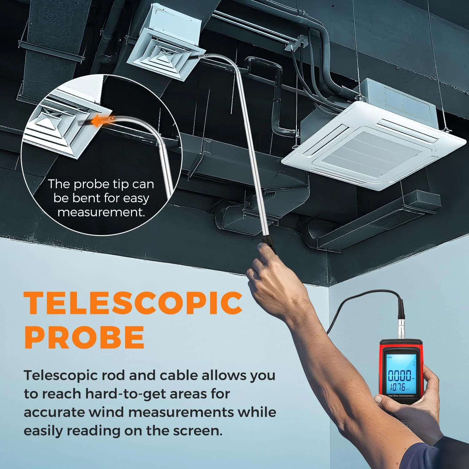 بونوویسین باد سنج دستی، سرعت سنج جریان هوای سیم داغ CFM، با نرم افزار خروجی داده و پروب تلسکوپی برای HVAC داخل کانال، فضای باز (بادسنج حرارتی)